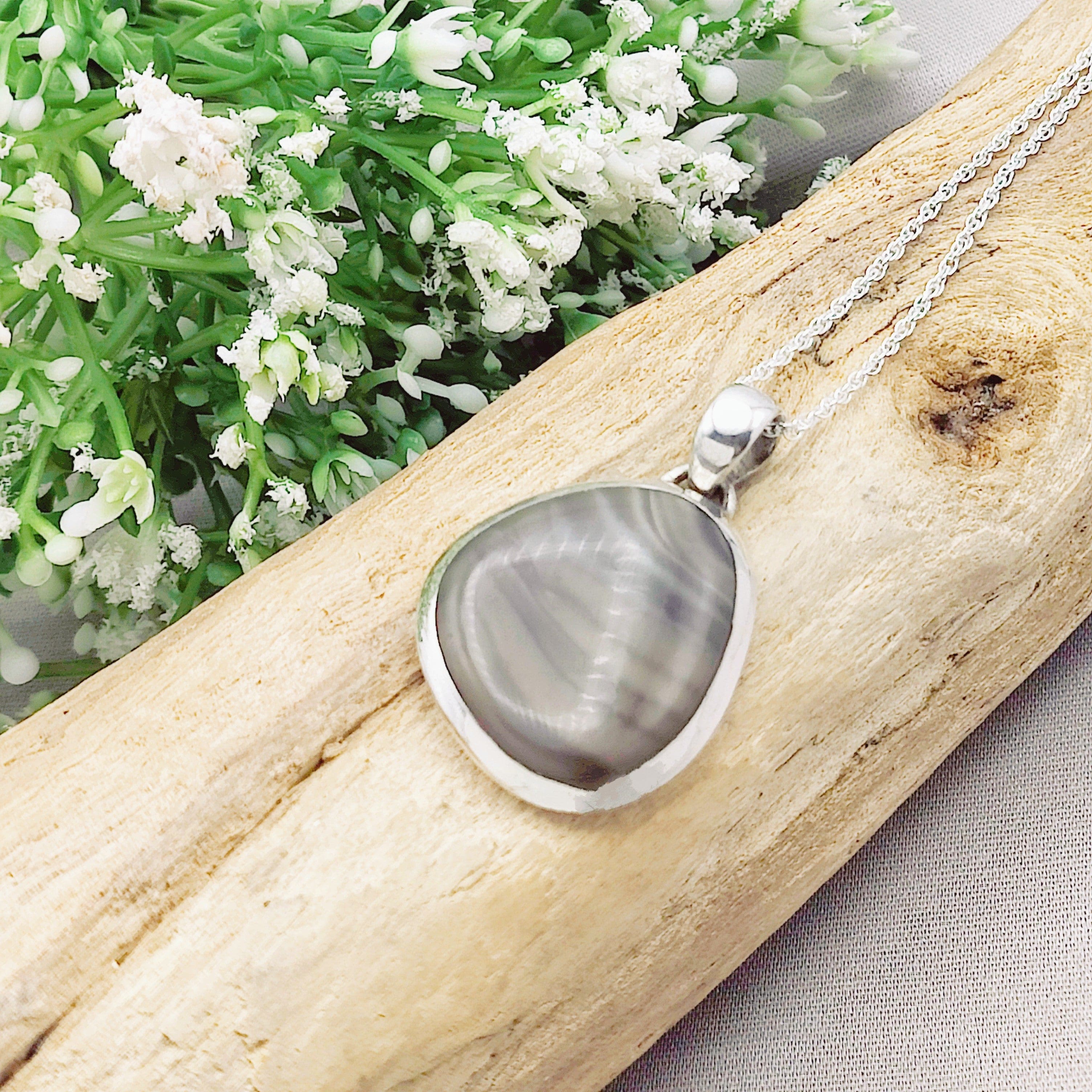 Hepburn and Hughes Polish Flint Abstract Pendant | Unique Gemstone Gift | Sterling Silver