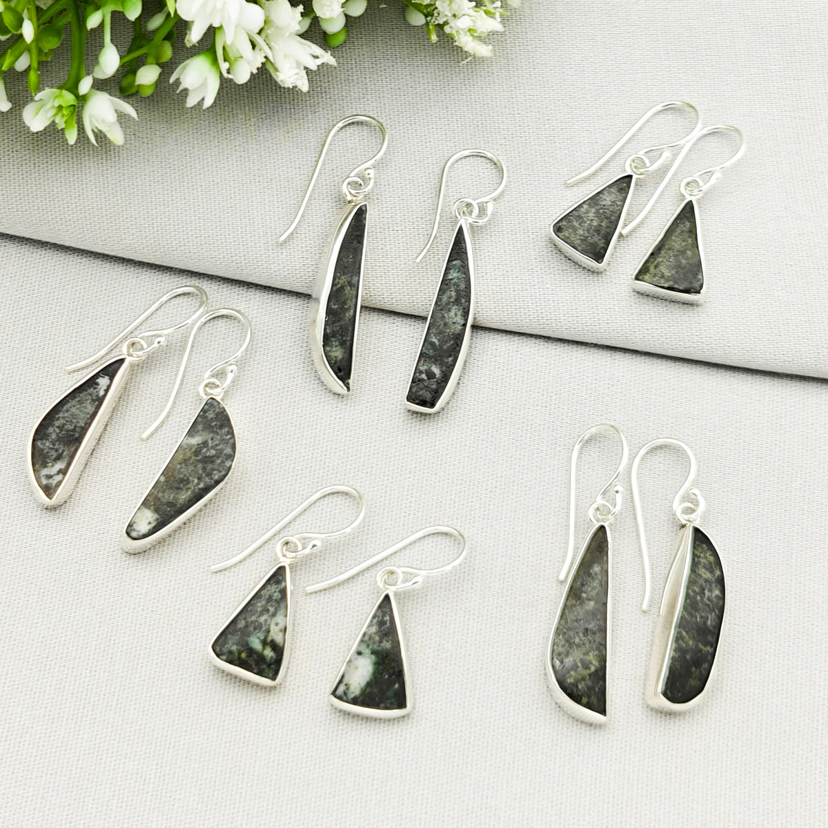 Hepburn and Hughes Preseli Bluestone Earrings in Sterling Silver | Stonehenge and Summer Solstice Gift