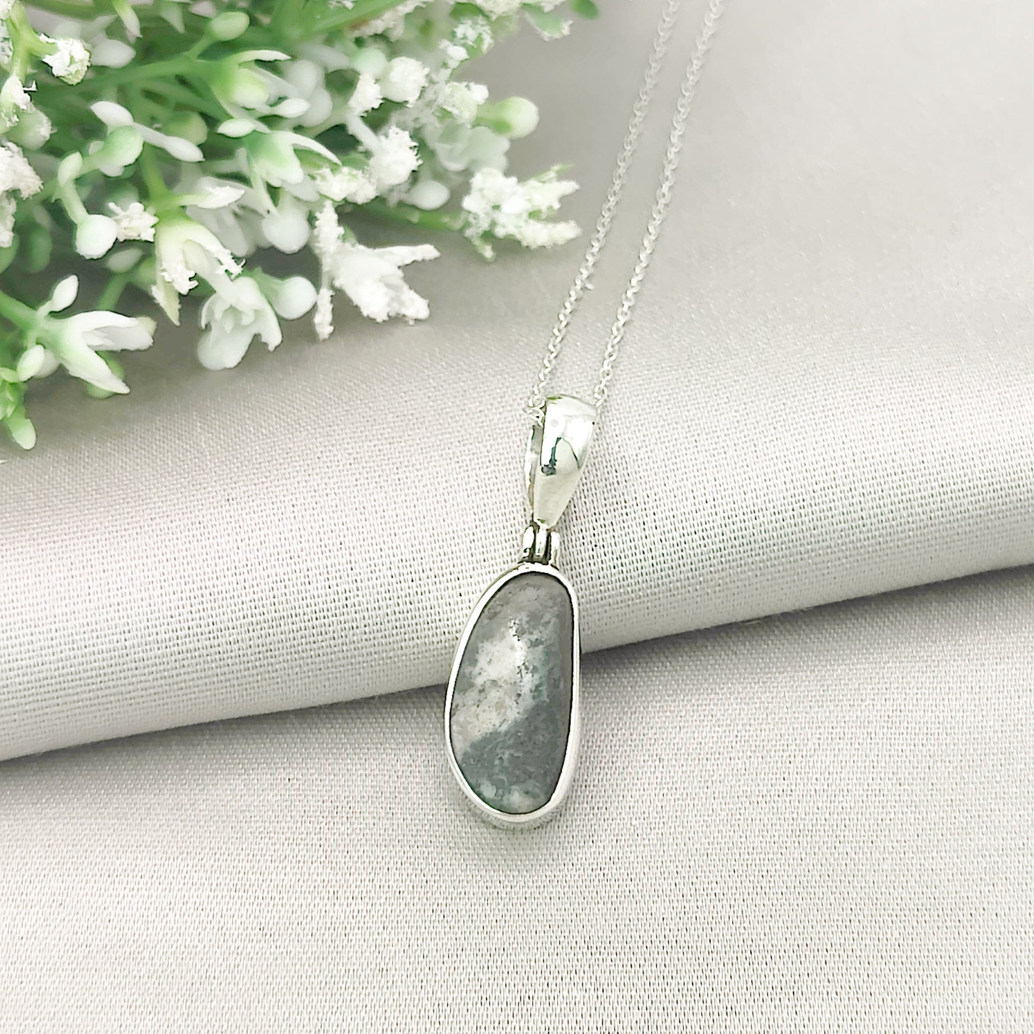 Hepburn and Hughes Preseli Bluestone Necklace | 20mm Slim Oval | Stonehenge Gift | Sterling Silver