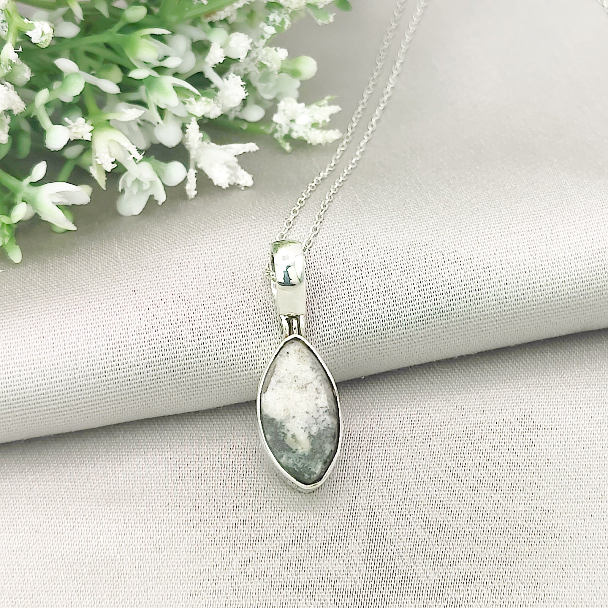 Hepburn and Hughes Preseli Bluestone Necklace | 20mm Slim Oval | Stonehenge Gift | Sterling Silver