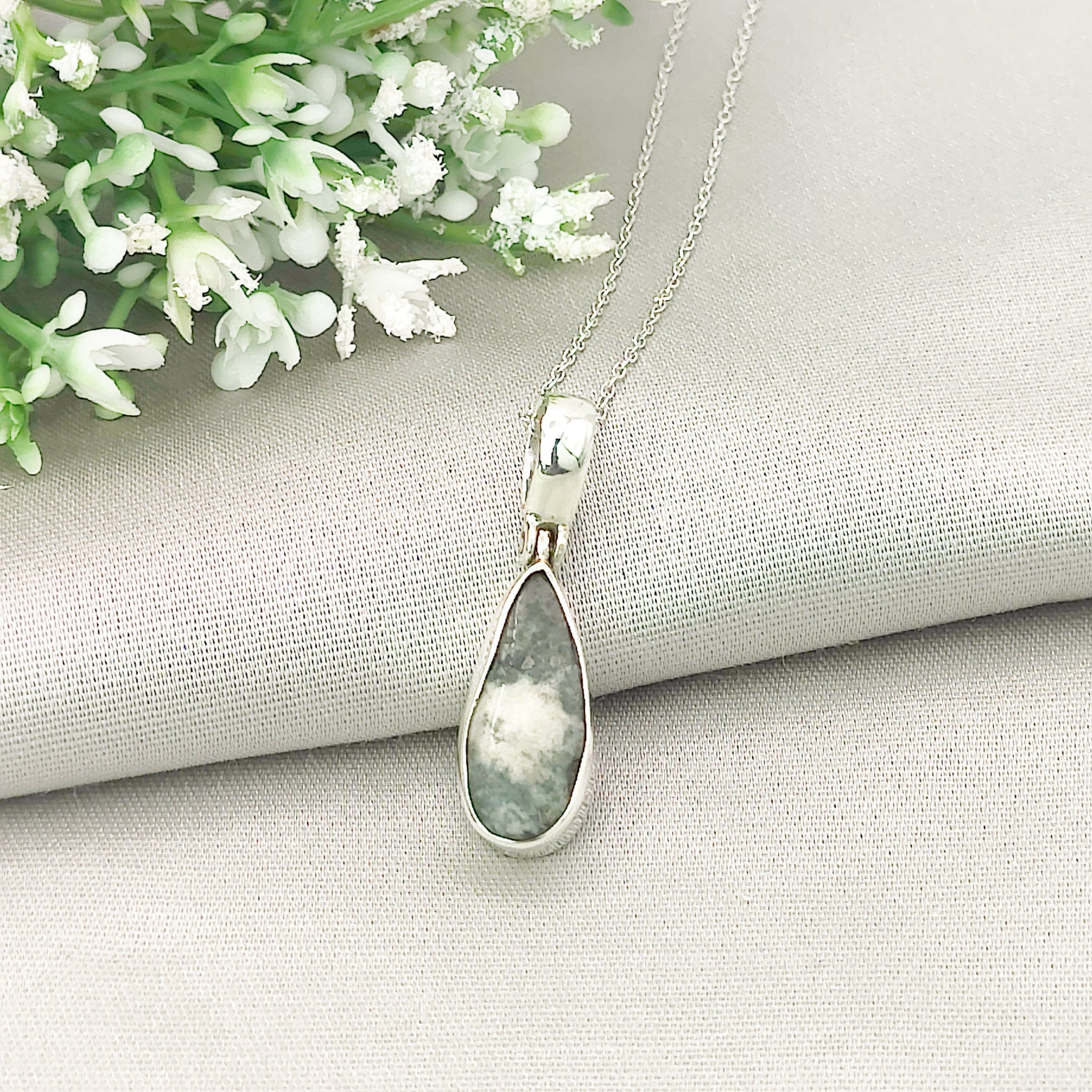 Hepburn and Hughes Preseli Bluestone Necklace | 20mm Slim Oval | Stonehenge Gift | Sterling Silver