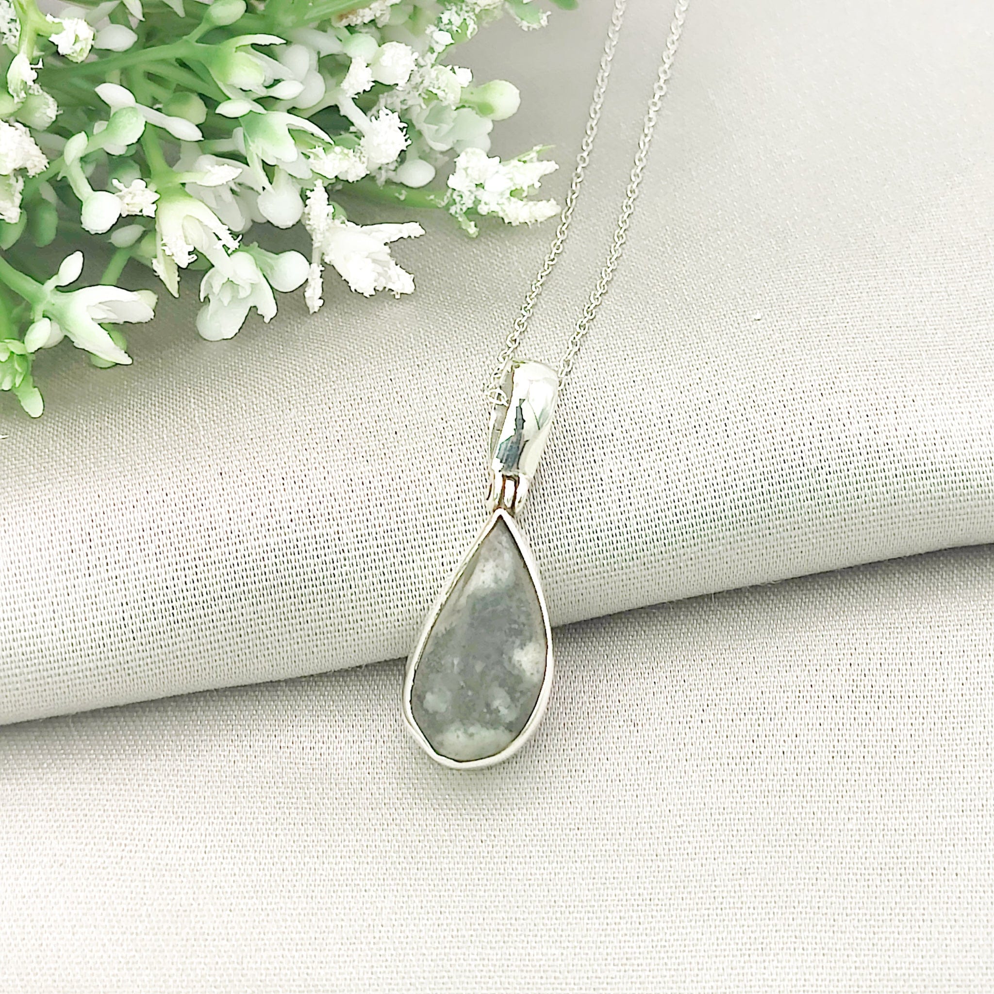 Hepburn and Hughes Preseli Bluestone Necklace | 20mm Slim Oval | Stonehenge Gift | Sterling Silver