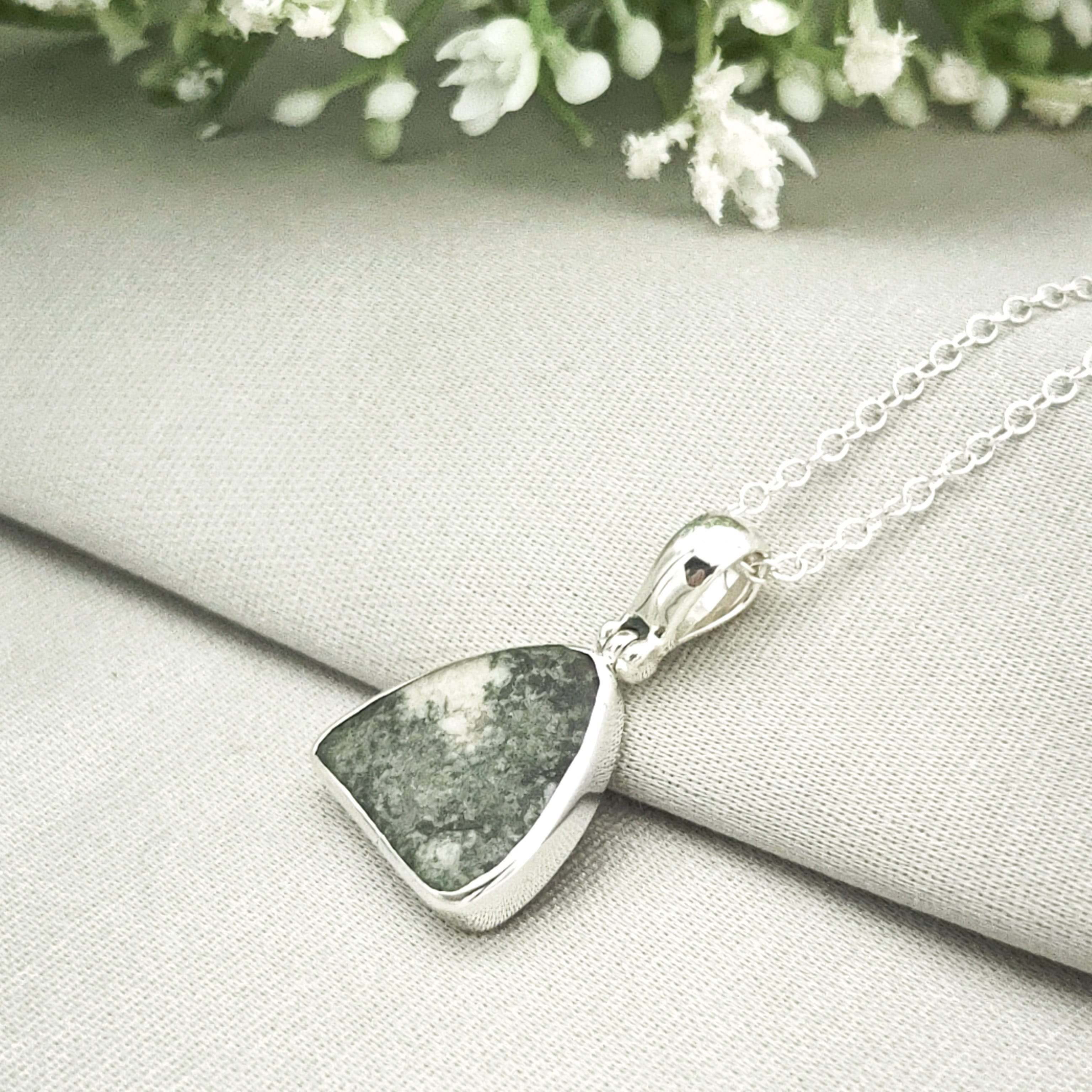 Hepburn and Hughes Preseli Bluestone Necklace | 20mm Triangle | Stonehenge Gift | Sterling Silver