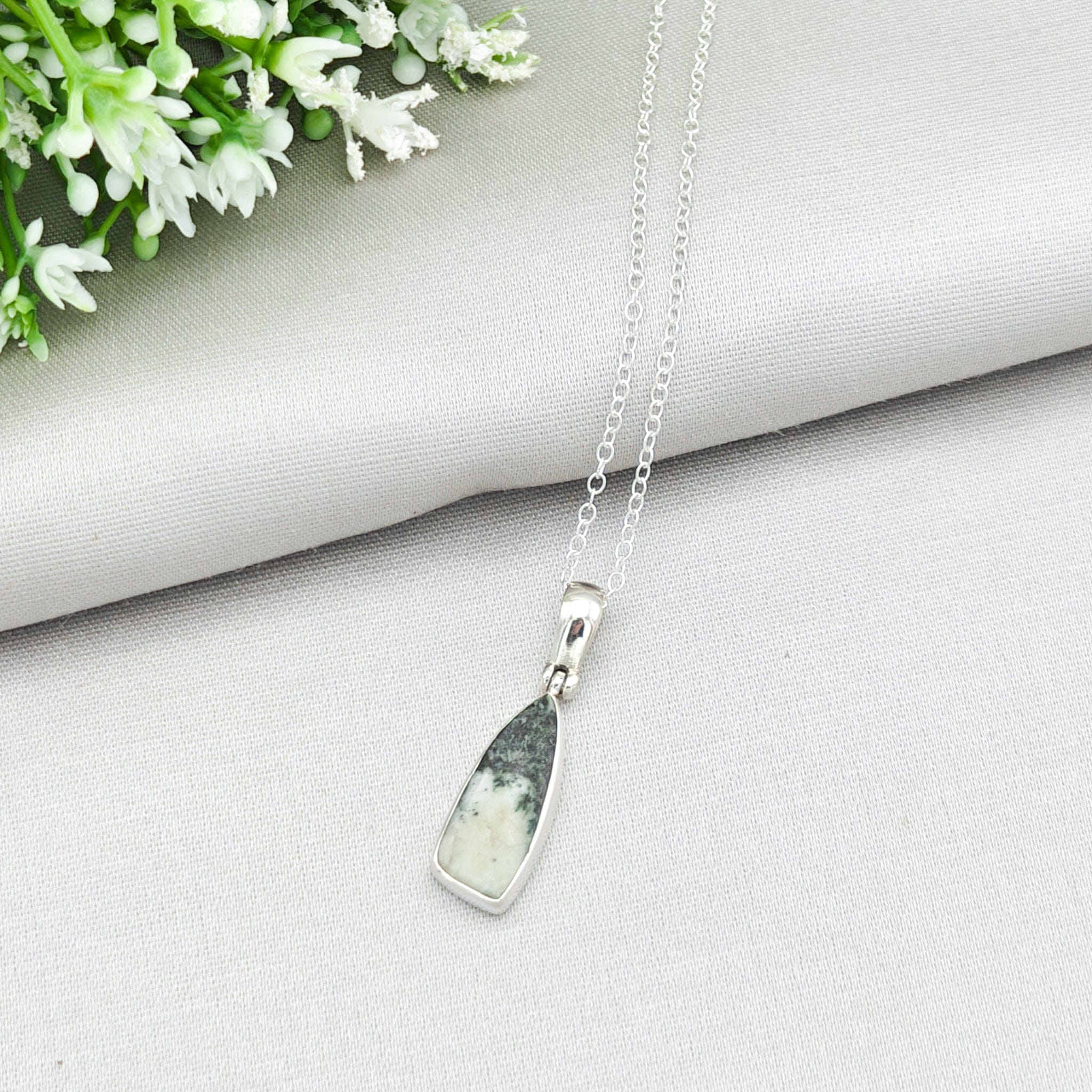 Hepburn and Hughes Preseli Bluestone Necklace | 22mm Slim Triangle | Stonehenge Gift | Sterling Silver