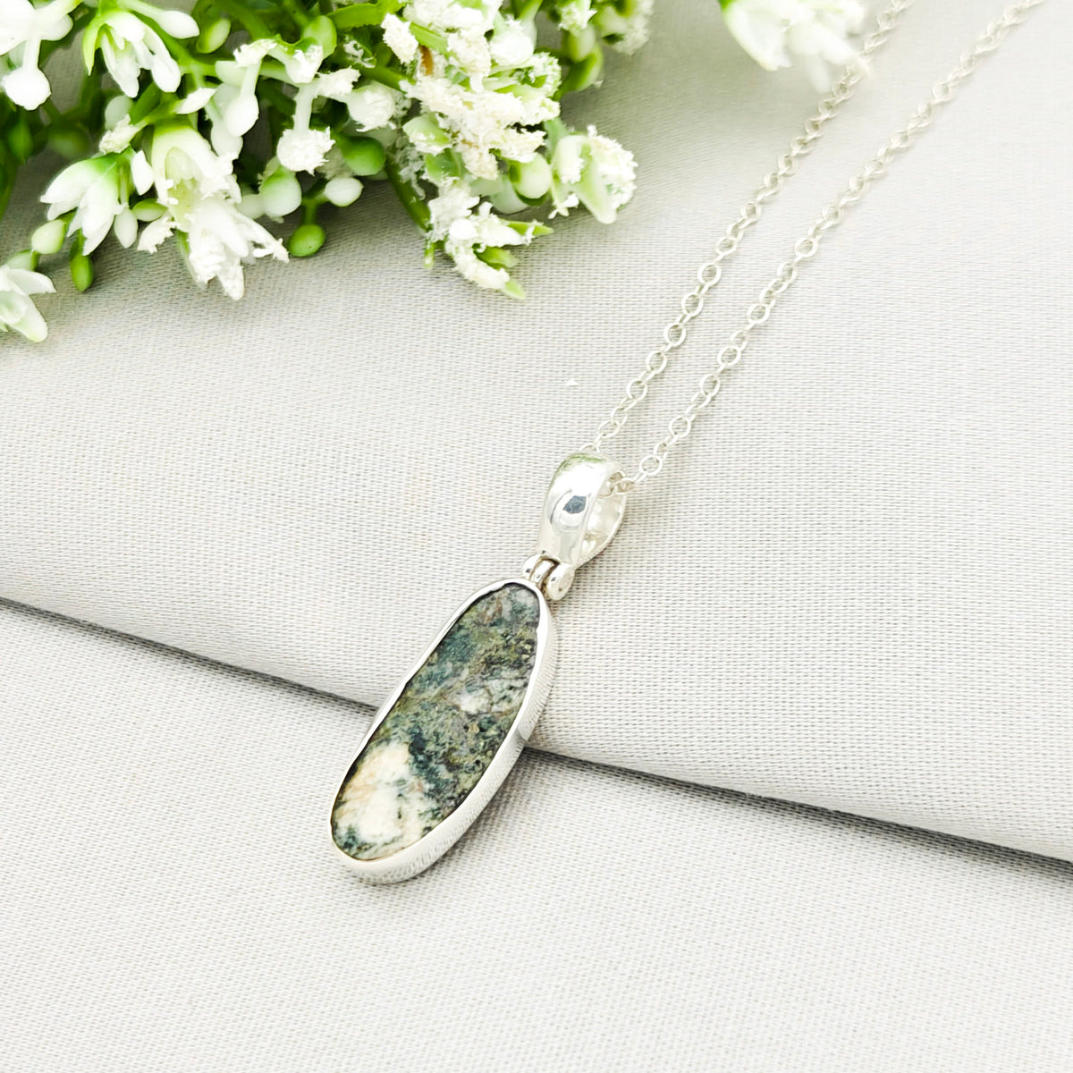 Hepburn and Hughes Preseli Bluestone Necklace | "Stonehenge" Gift | 25mm Oblong | Sterling Silver