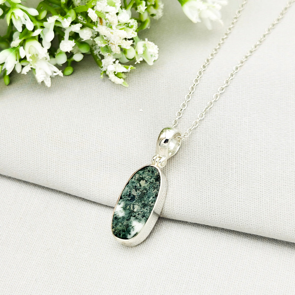 Hepburn and Hughes Preseli Bluestone Necklace | "Stonehenge" Gift | 25mm Oblong | Sterling Silver