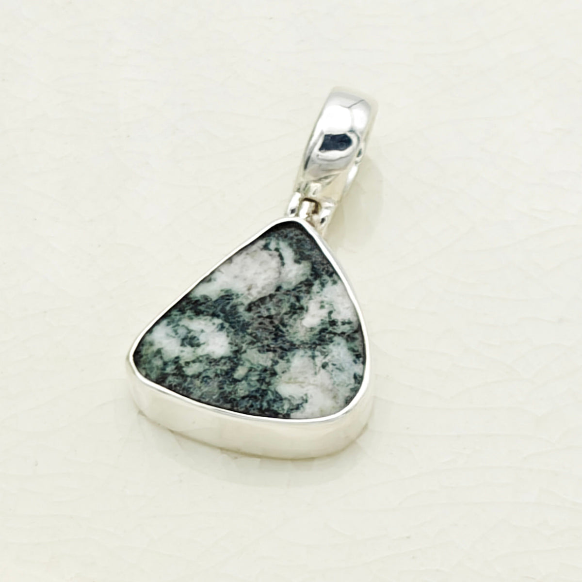 Hepburn and Hughes Preseli Bluestone Necklace | "Stonehenge" Spiritual Gift | Curved Triangle | Sterling Silver