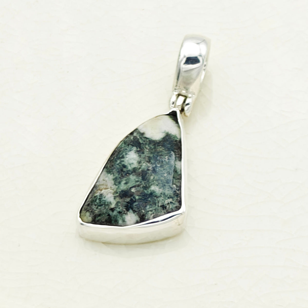 Hepburn and Hughes Preseli Bluestone Necklace | "Stonehenge" Spiritual Gift | Curved Triangle | Sterling Silver