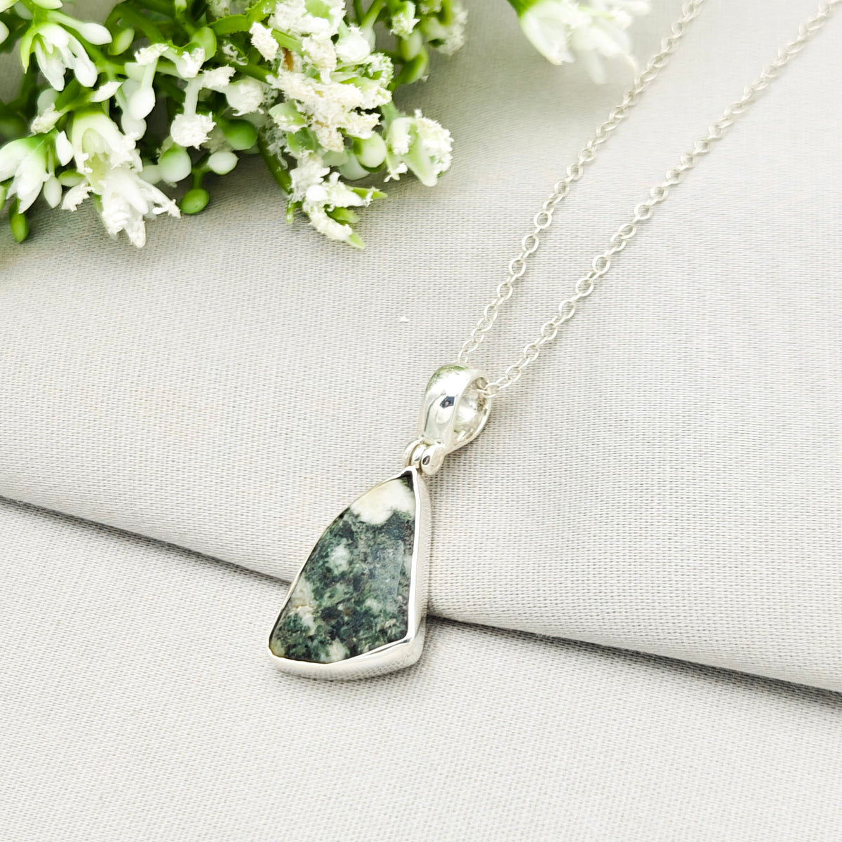Hepburn and Hughes Preseli Bluestone Necklace | "Stonehenge" Spiritual Gift | Curved Triangle | Sterling Silver