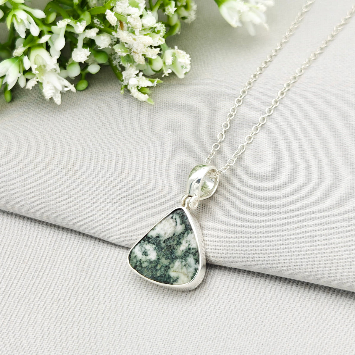 Hepburn and Hughes Preseli Bluestone Necklace | "Stonehenge" Spiritual Gift | Curved Triangle | Sterling Silver