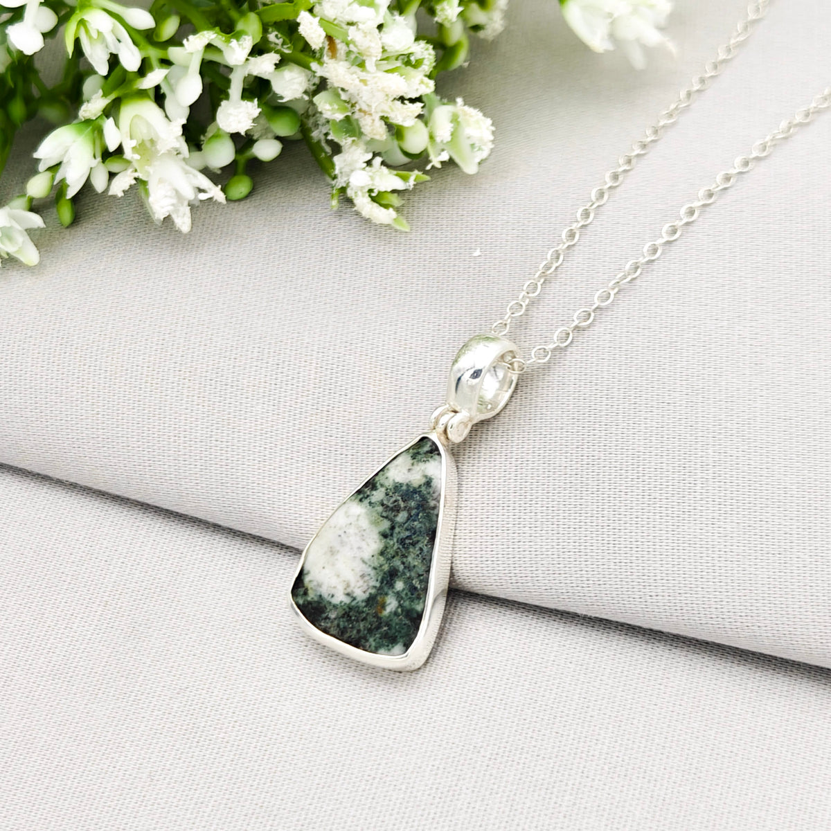 Hepburn and Hughes Preseli Bluestone Necklace | "Stonehenge" Spiritual Gift | Curved Triangle | Sterling Silver