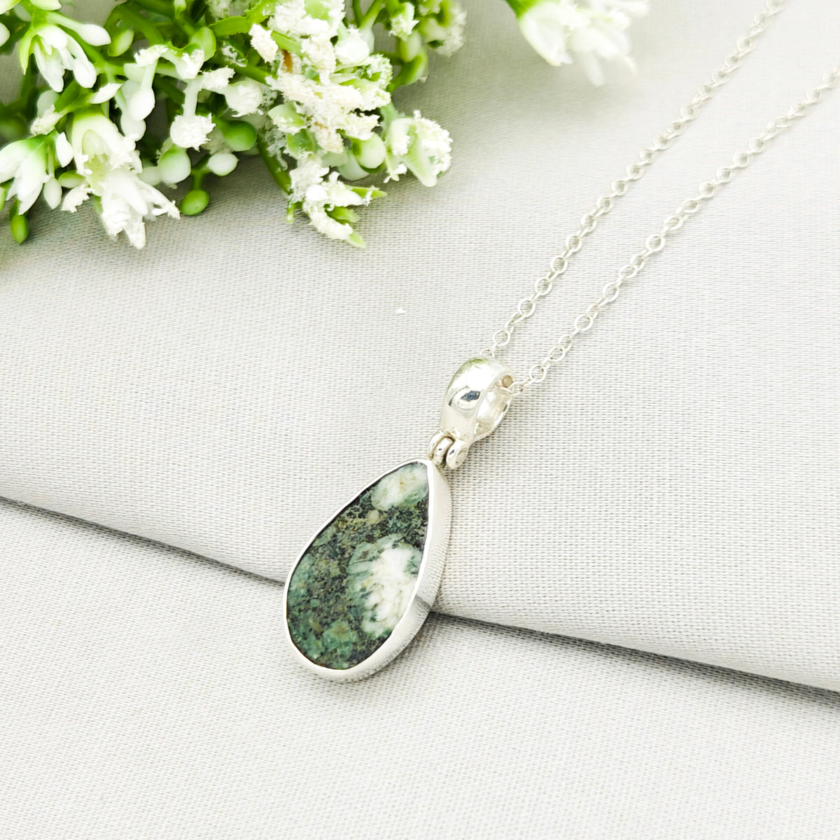 Hepburn and Hughes Preseli Bluestone Necklace | "Stonehenge" Spiritual Gift | Curved Triangle | Sterling Silver