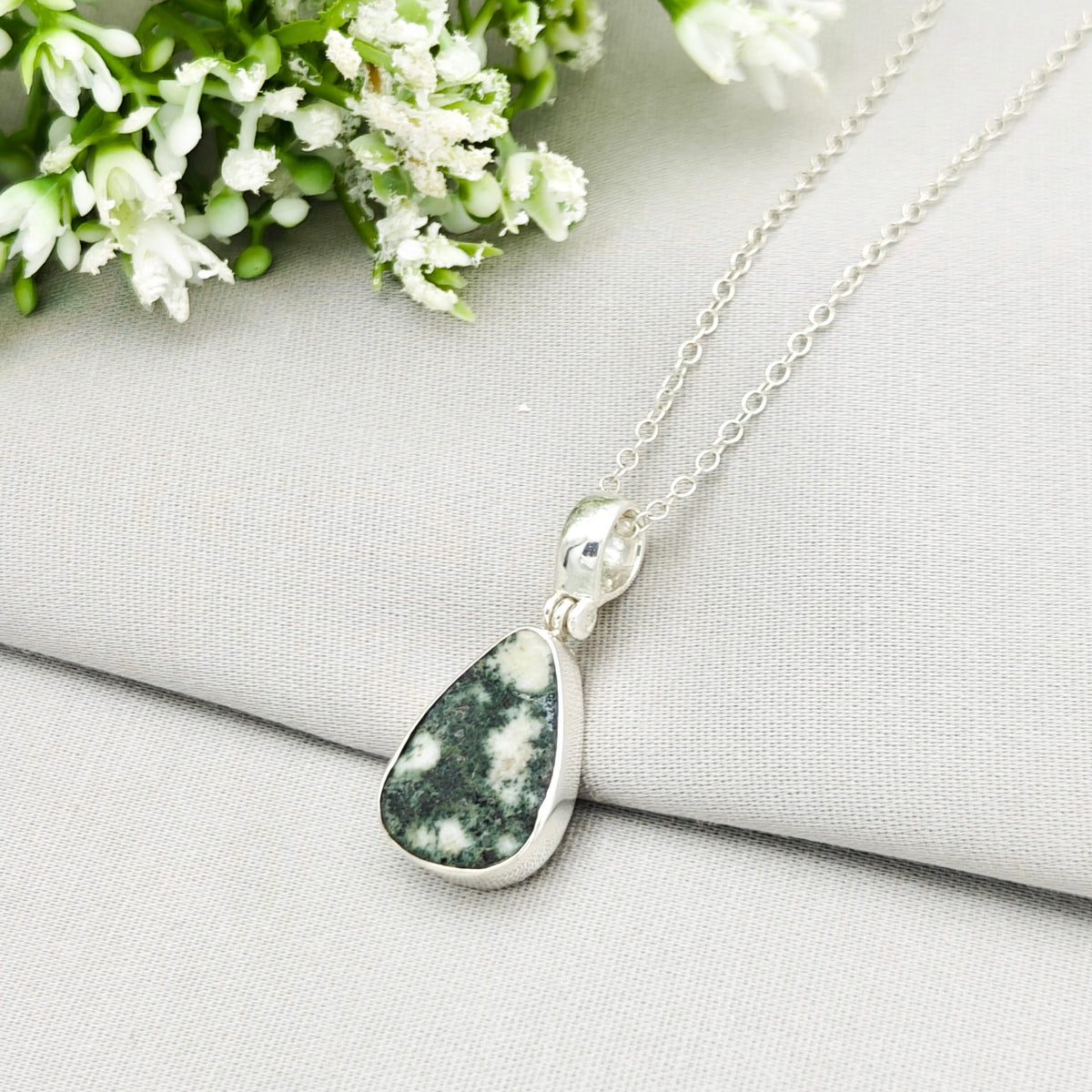 Hepburn and Hughes Preseli Bluestone Necklace | "Stonehenge" Spiritual Gift | Curved Triangle | Sterling Silver