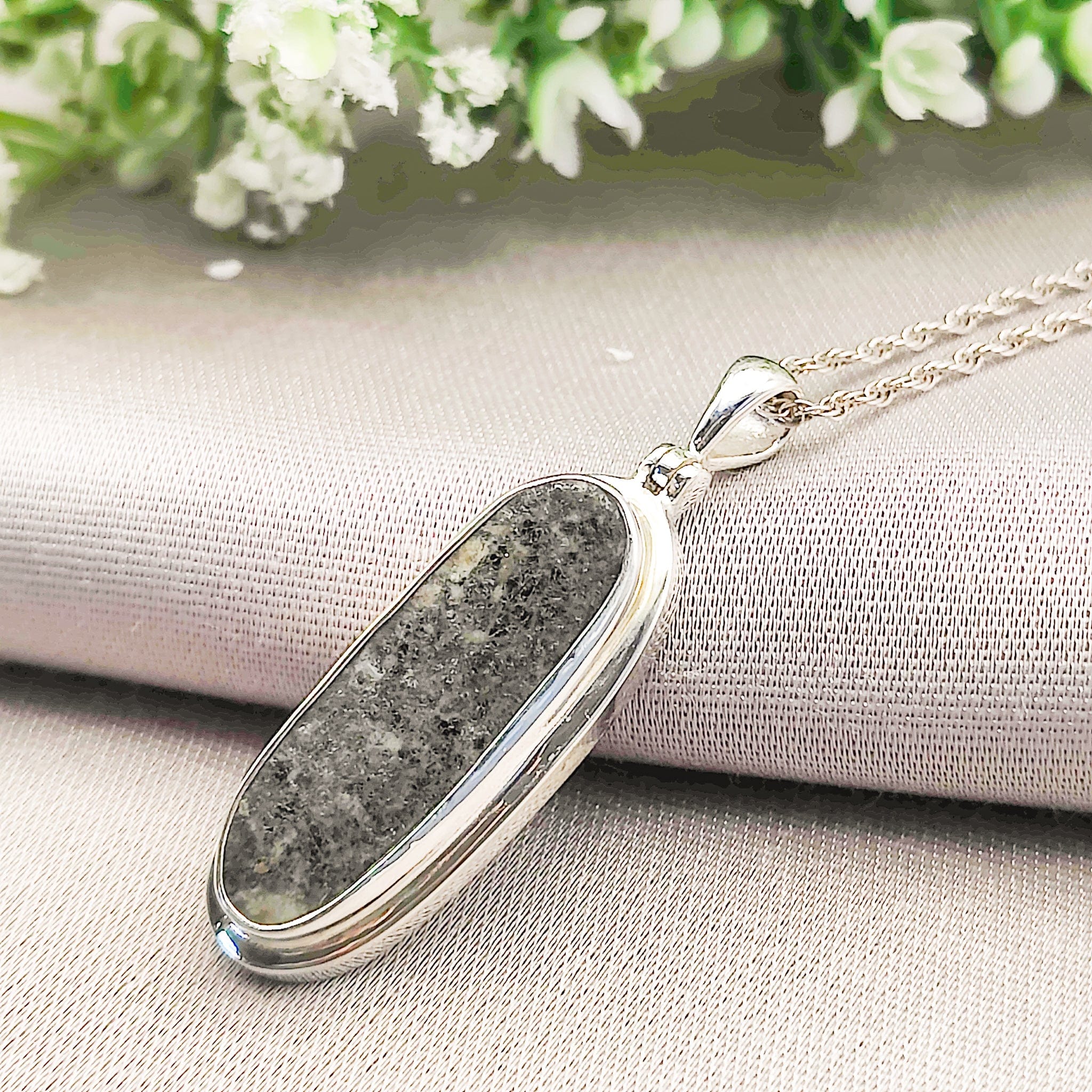 Hepburn and Hughes Preseli Bluestone Necklace | 27mm Triangle | Stonehenge Gift | Sterling Silver