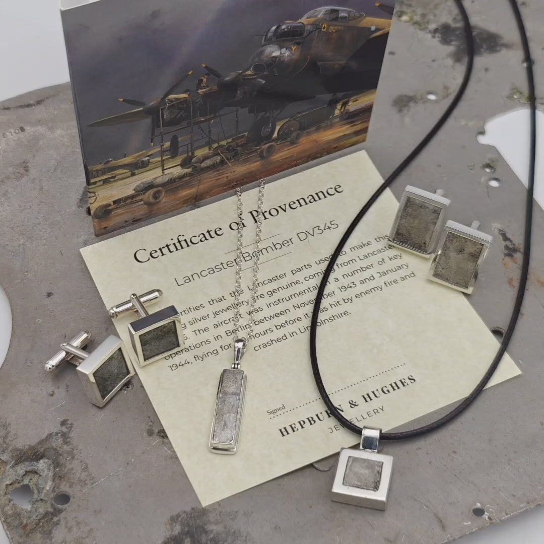 Handcrafted sterling silver cufflinks and jewellery featuring genuine reclaimed WWII Lancaster Bomber aluminium, with Certificate of Authenticity and information card