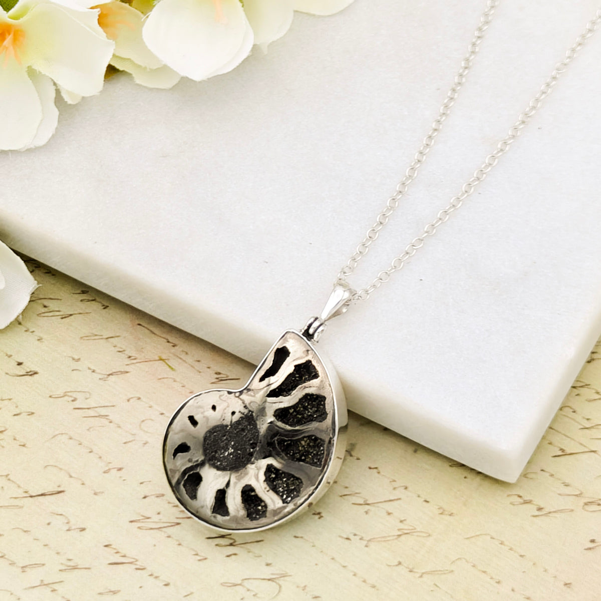 Hepburn and Hughes Pyrite Ammonite Pendant | 30mm | Sterling Silver