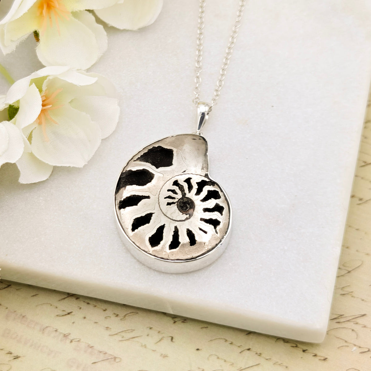 Hepburn and Hughes Pyrite Ammonite Pendant | 30mm | Sterling Silver
