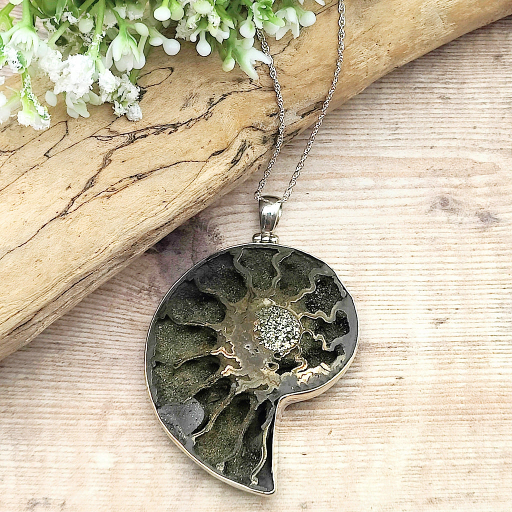 Hepburn and Hughes Pyrite Ammonite Pendant | 60mm Large Fossil Pendant | Sterling Silver