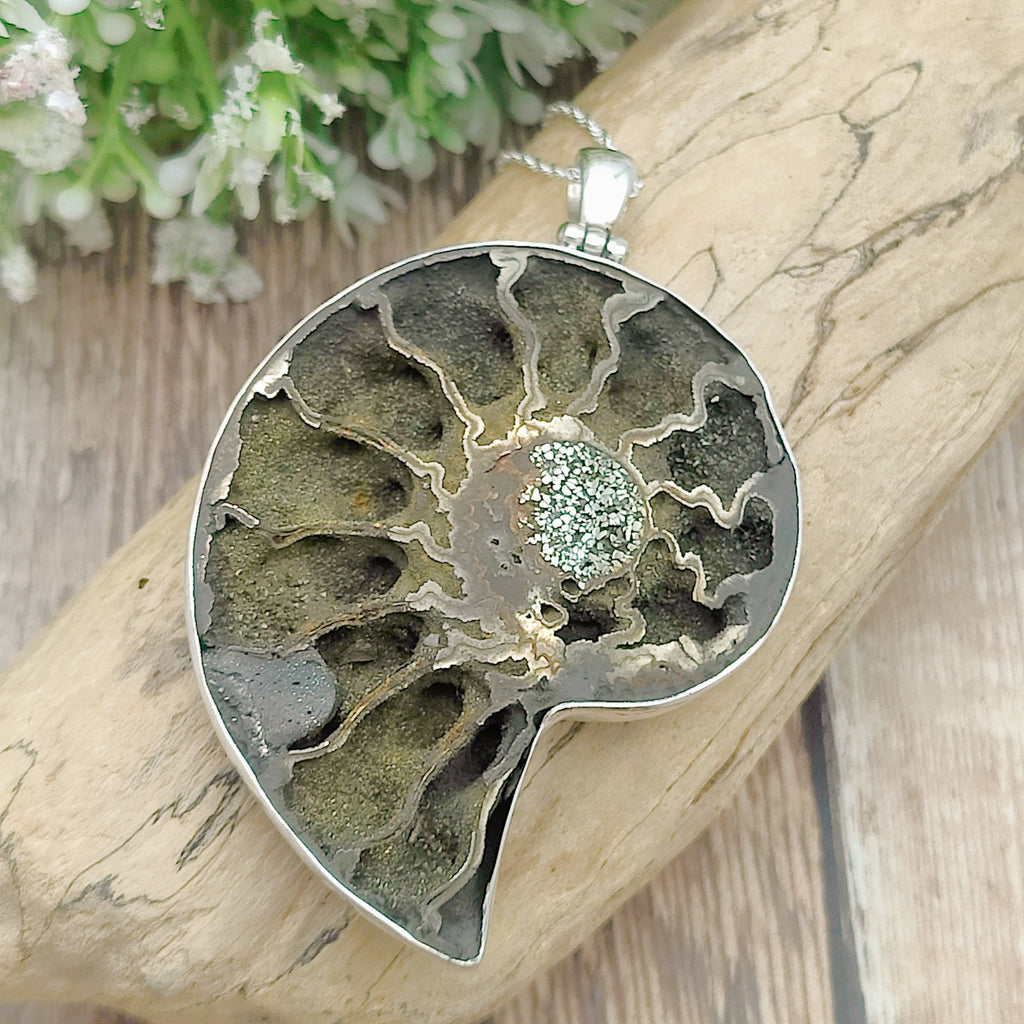 Hepburn and Hughes Pyrite Ammonite Pendant | 60mm Large Fossil Pendant | Sterling Silver