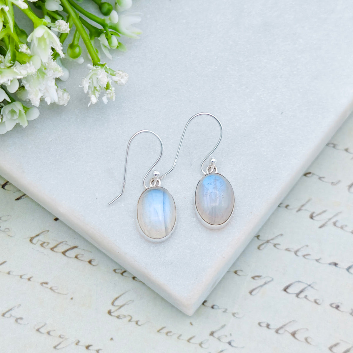 Hepburn and Hughes Rainbow Moonstone Earrings | 13mm Oval Gemstones | June Birthstone | Sterling Silver