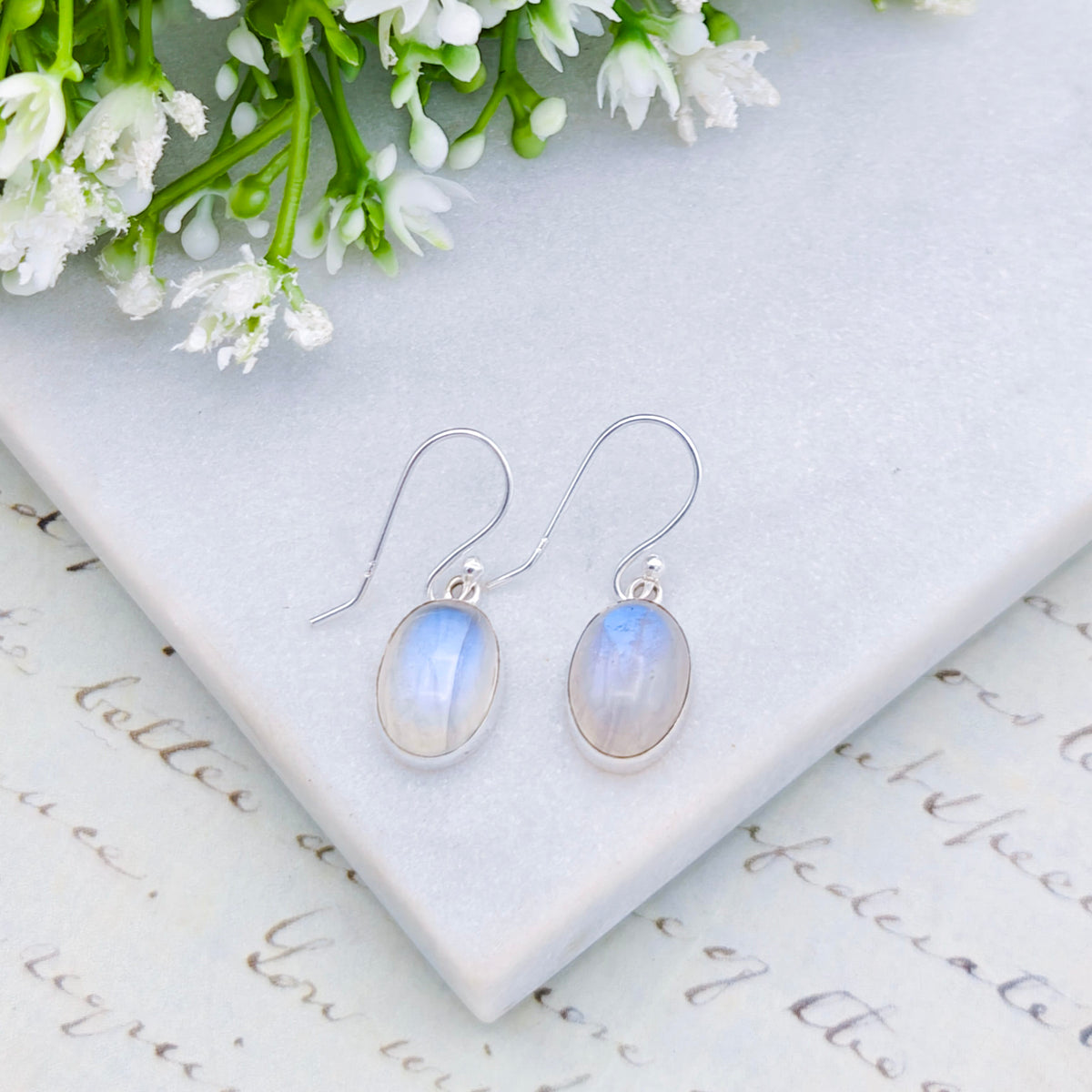 Hepburn and Hughes Rainbow Moonstone Earrings | 13mm Oval Gemstones | June Birthstone | Sterling Silver