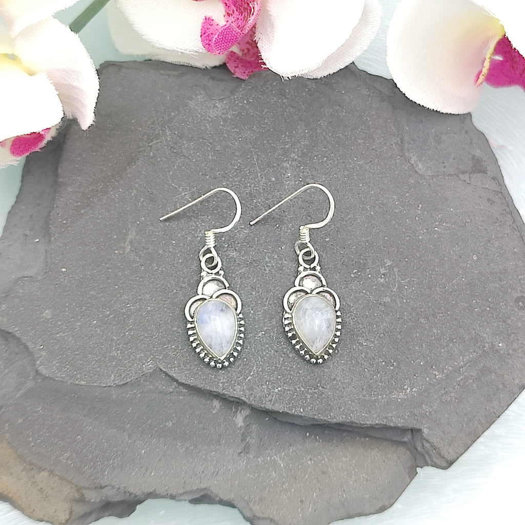 Hepburn and Hughes Rainbow Moonstone Earrings | Ornate Teardrop | Sterling Silver