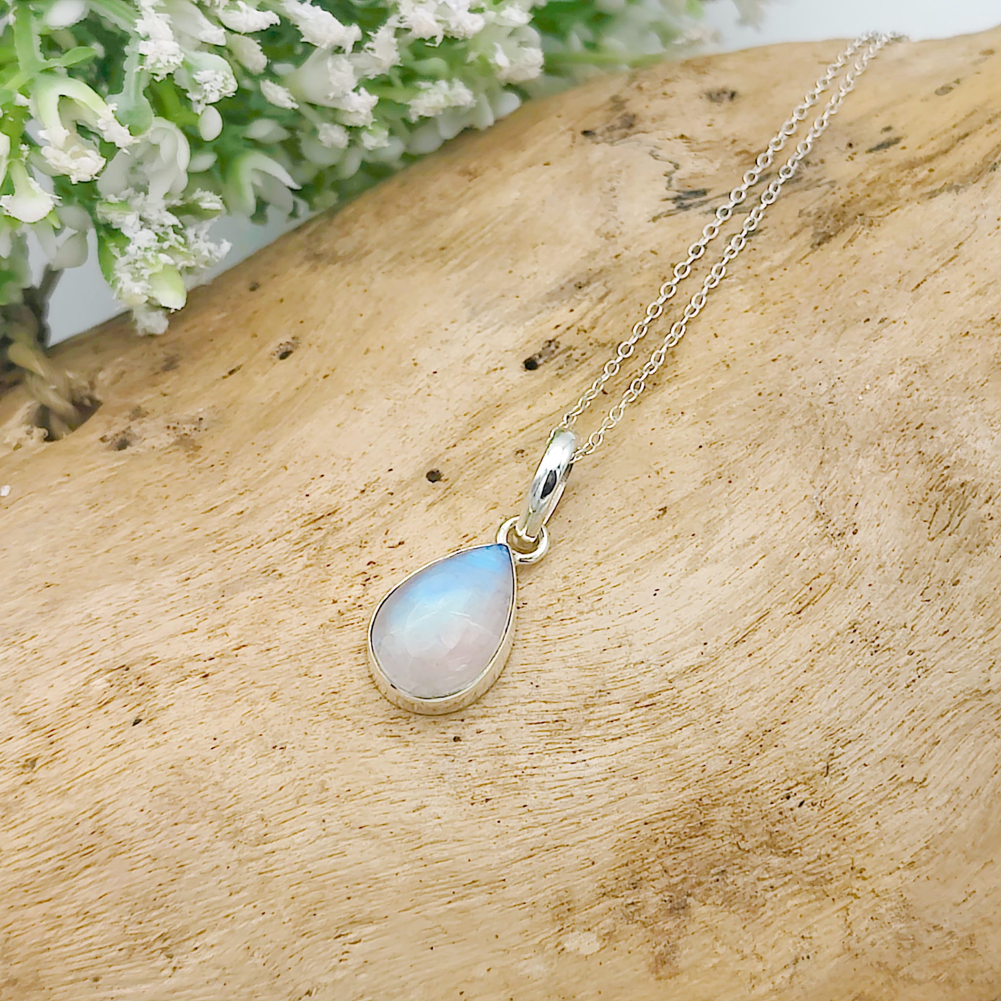 Hepburn and Hughes Rainbow Moonstone Pendant | 15mm Inverted Teardrop | June Birthstone | Sterling silver