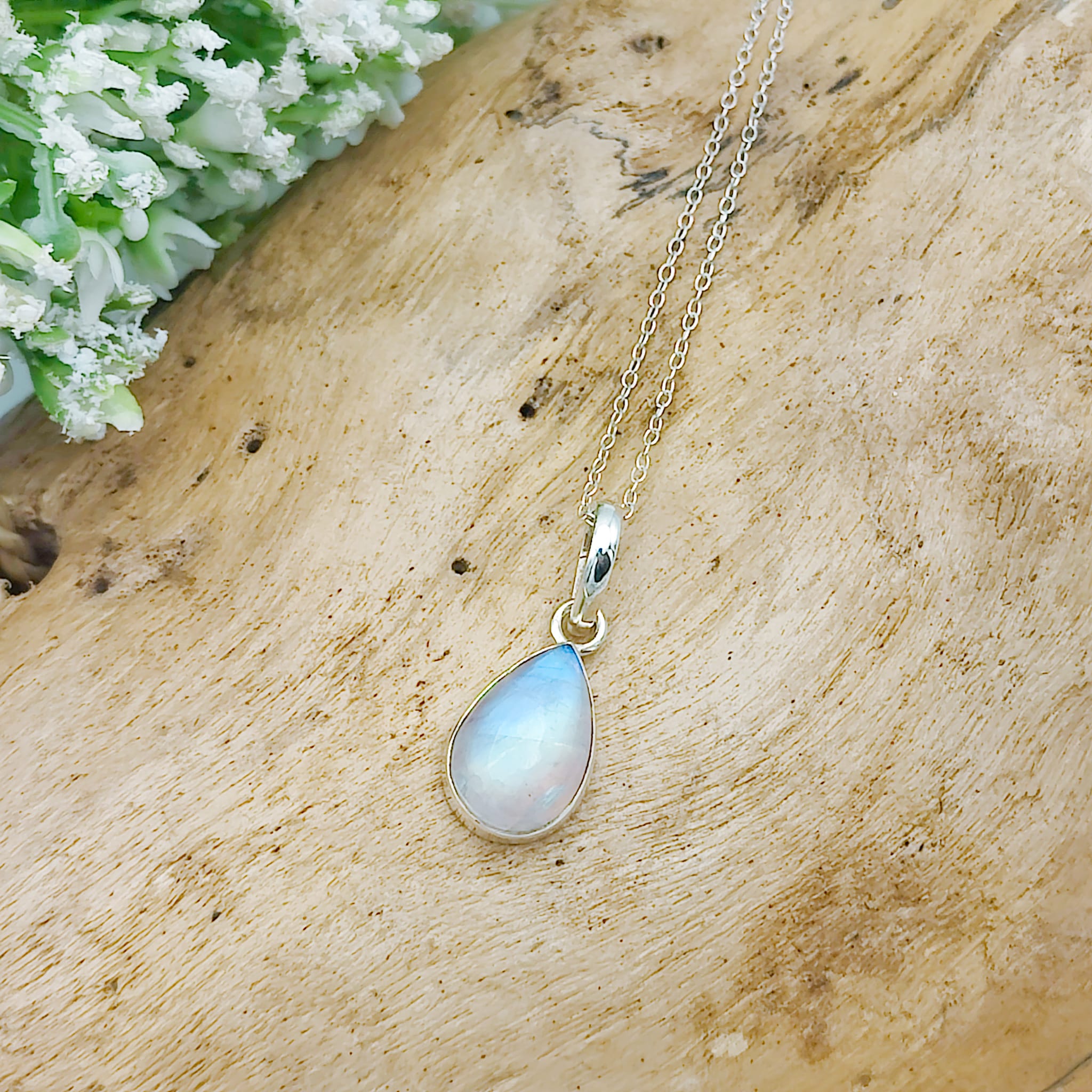 Hepburn and Hughes Rainbow Moonstone Pendant | 15mm Inverted Teardrop | June Birthstone | Sterling silver