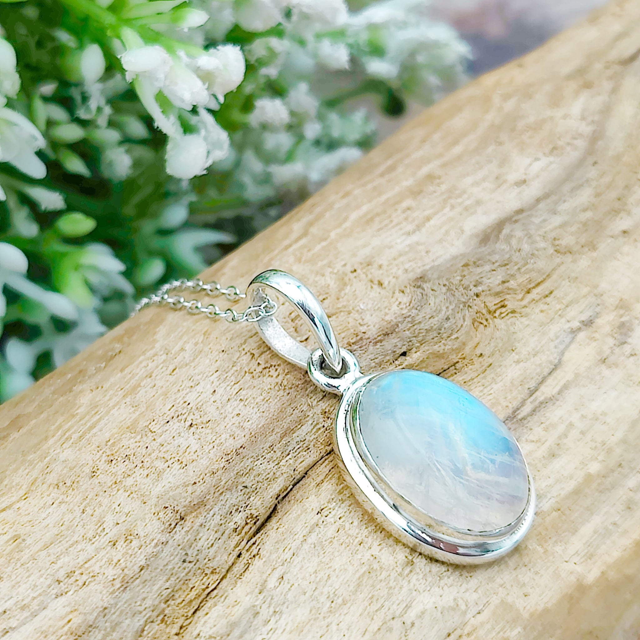 Hepburn and Hughes Rainbow Moonstone Pendant | 15mm Oval | June Birthstone | Sterling silver