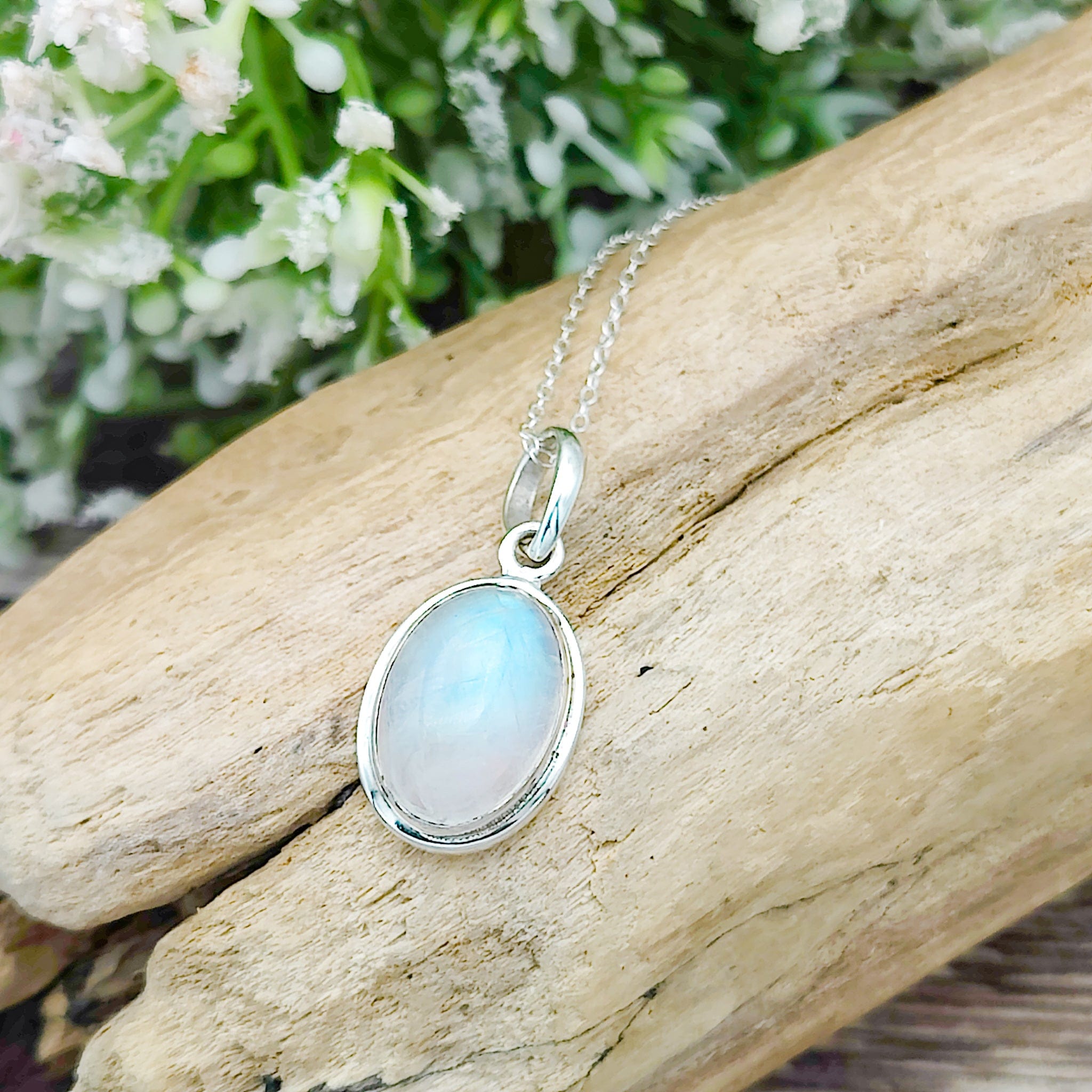 Hepburn and Hughes Rainbow Moonstone Pendant | 15mm Oval | June Birthstone | Sterling silver