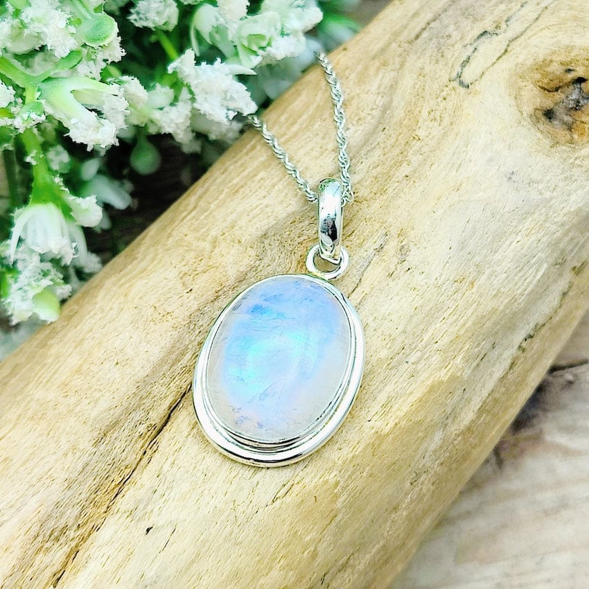 Hepburn and Hughes Rainbow Moonstone Pendant | 22mm Oval | Sterling silver