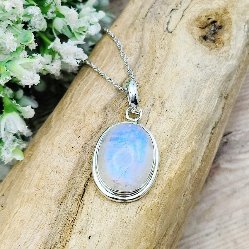 Hepburn and Hughes Rainbow Moonstone Pendant | 22mm Oval | Sterling silver