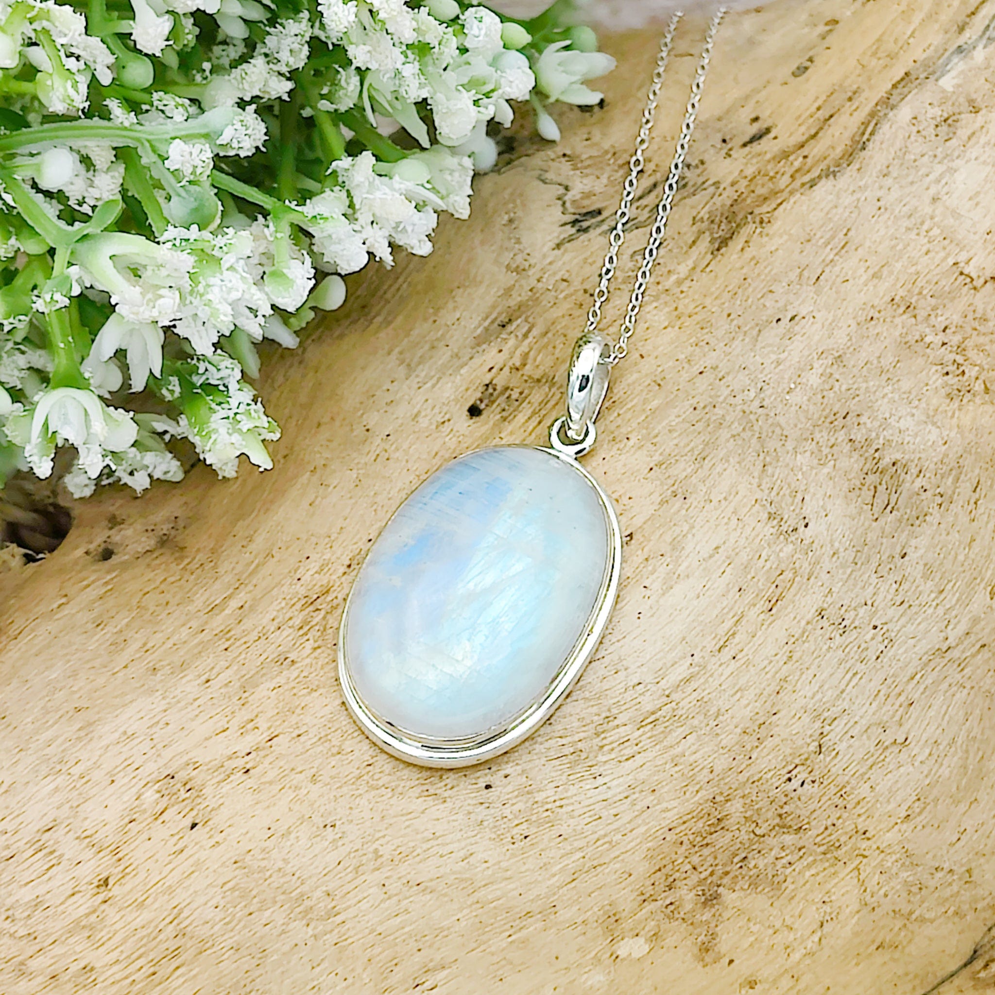 Hepburn and Hughes Rainbow Moonstone Pendant | 30mm Oval Gemstone | June Birthstone | Sterling silver