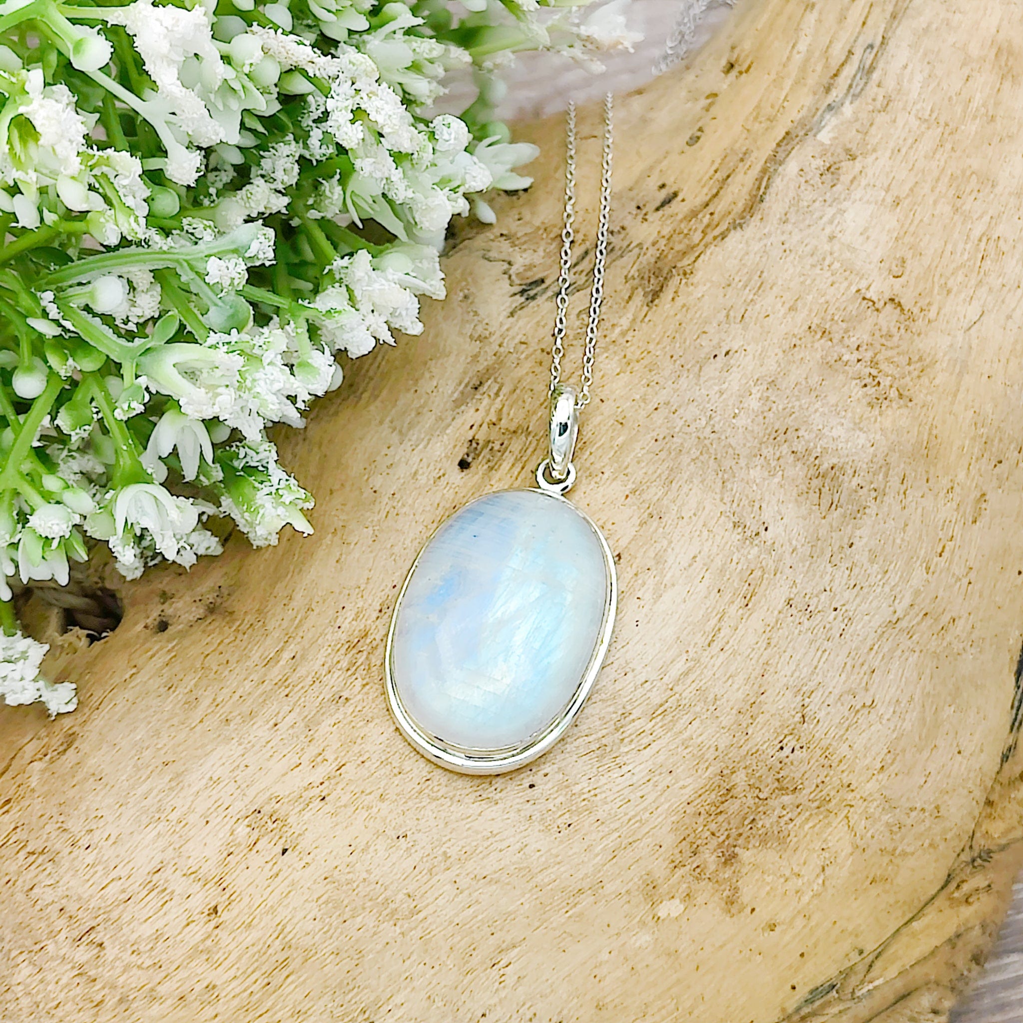 Hepburn and Hughes Rainbow Moonstone Pendant | 30mm Oval Gemstone | June Birthstone | Sterling silver