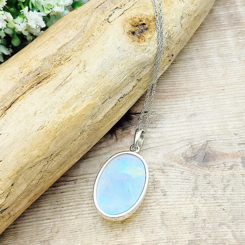 Hepburn and Hughes Rainbow Moonstone Pendant | 30mm Oval Gemstone | June Birthstone | Sterling silver