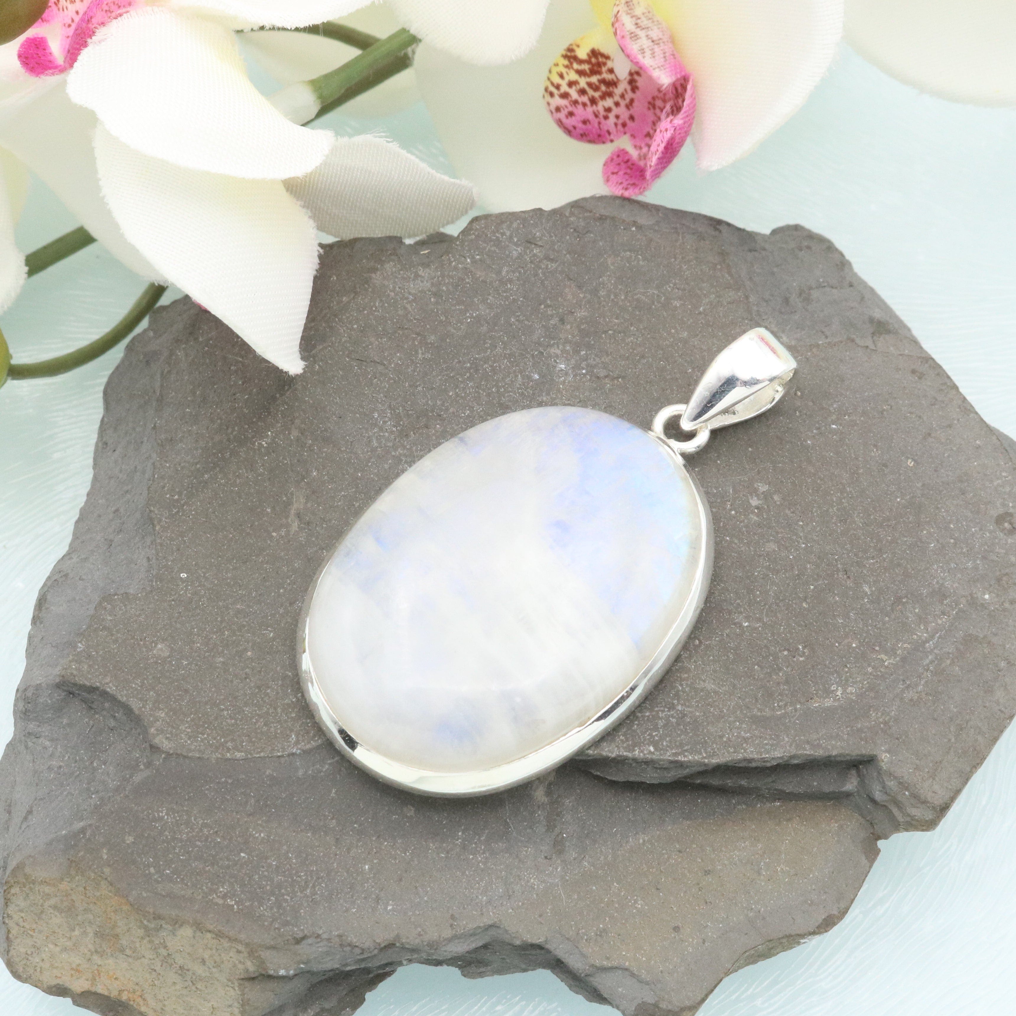 Hepburn and Hughes Rainbow Moonstone Pendant | 35mm Oval | June Birthstone | Sterling silver