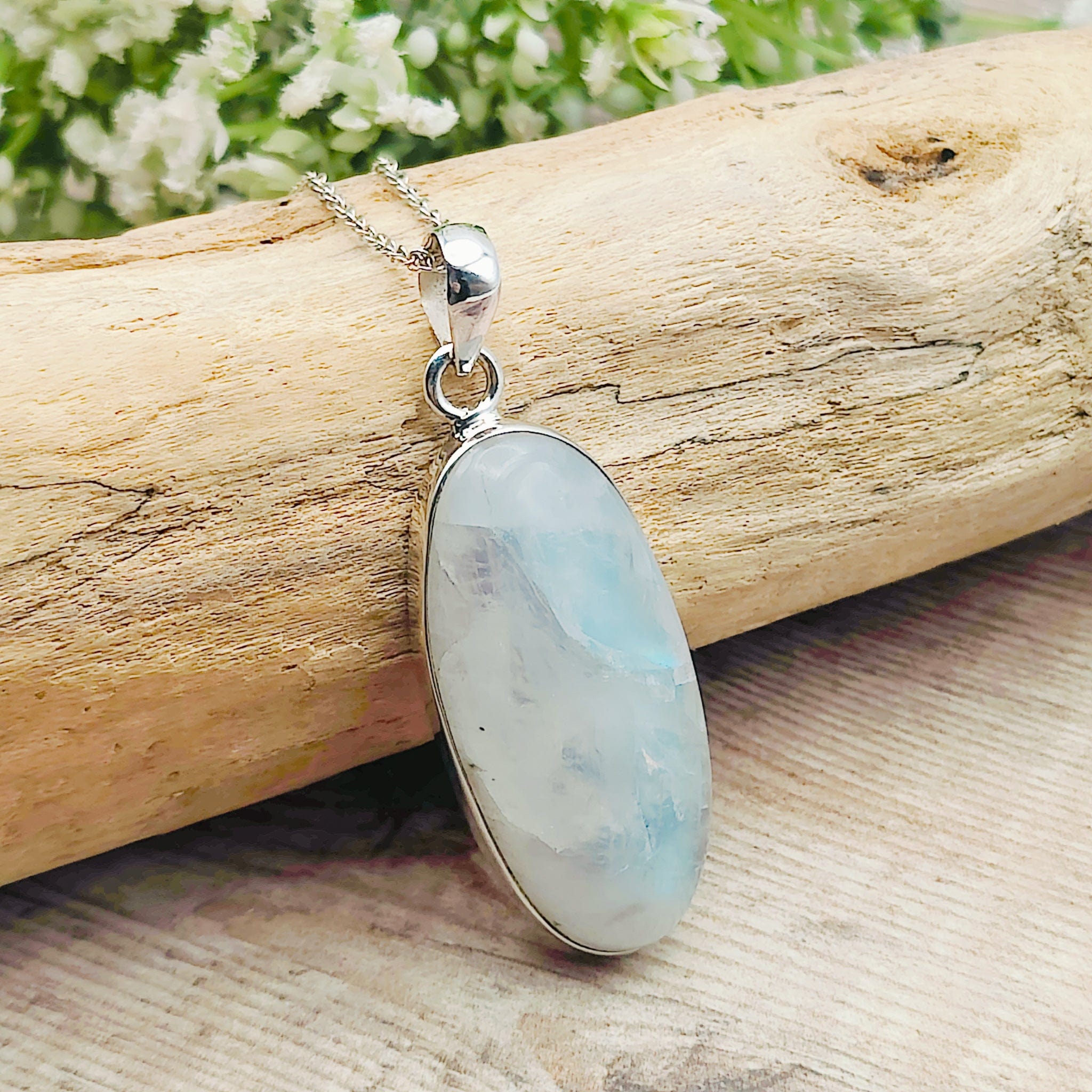 Hepburn and Hughes Rainbow Moonstone Pendant | Large 40mm Oval | Birthstone | Sterling silver