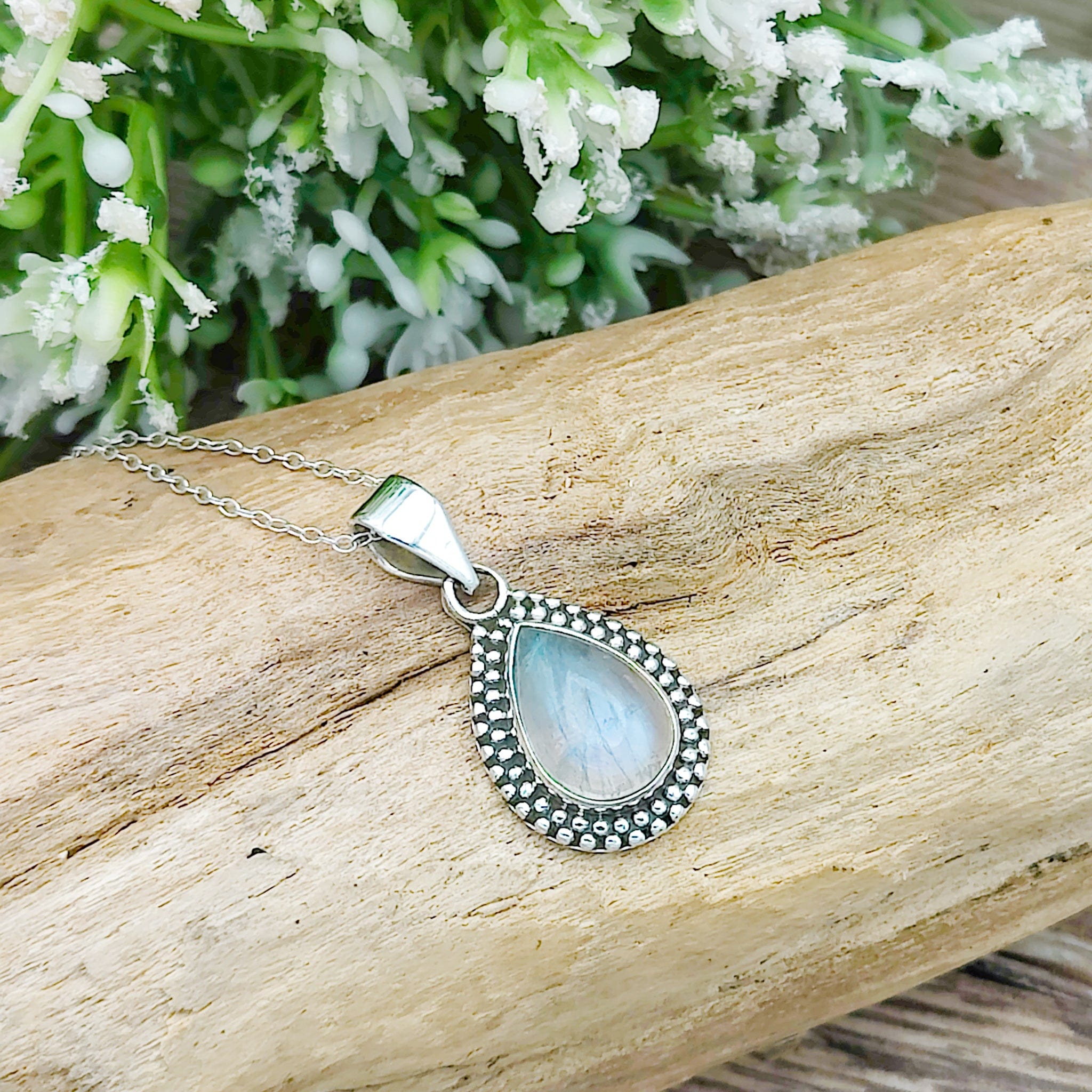 Hepburn and Hughes Rainbow Moonstone Pendant | Ornate Teardrop | June Birthstone | Sterling silver