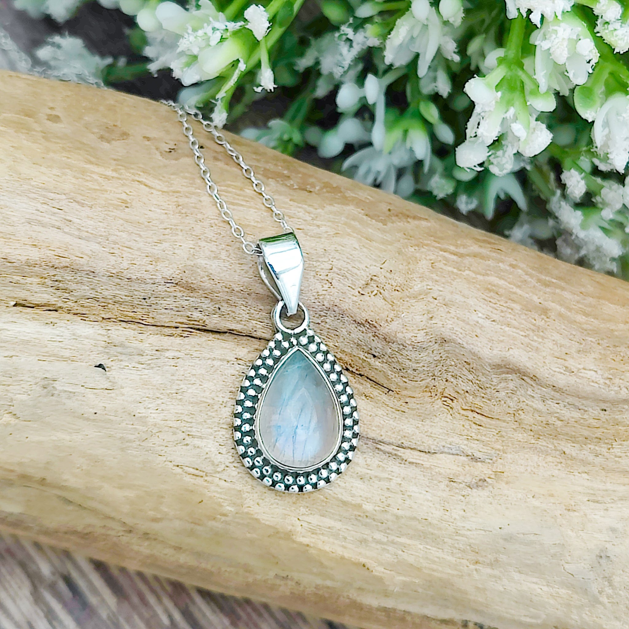 Hepburn and Hughes Rainbow Moonstone Pendant | Ornate Teardrop | June Birthstone | Sterling silver