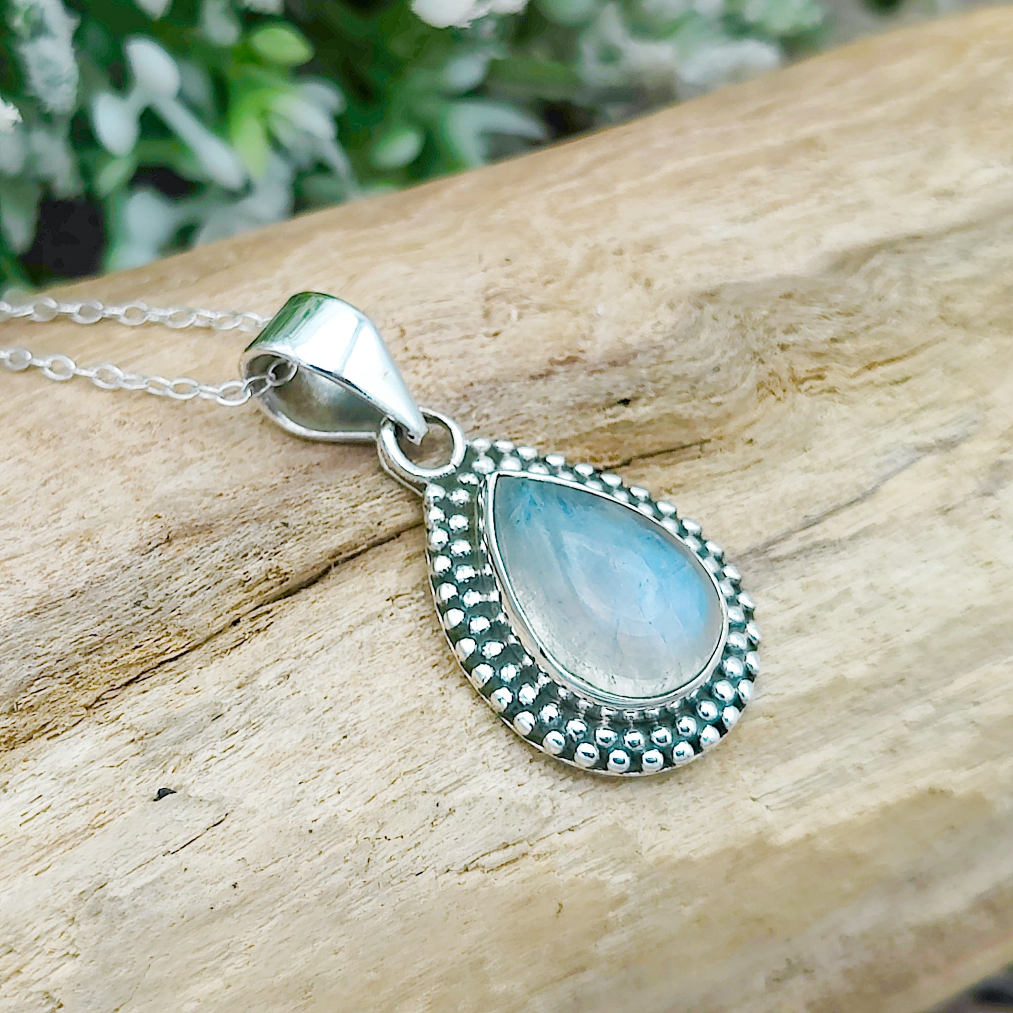 Hepburn and Hughes Rainbow Moonstone Pendant | Ornate Teardrop | June Birthstone | Sterling silver