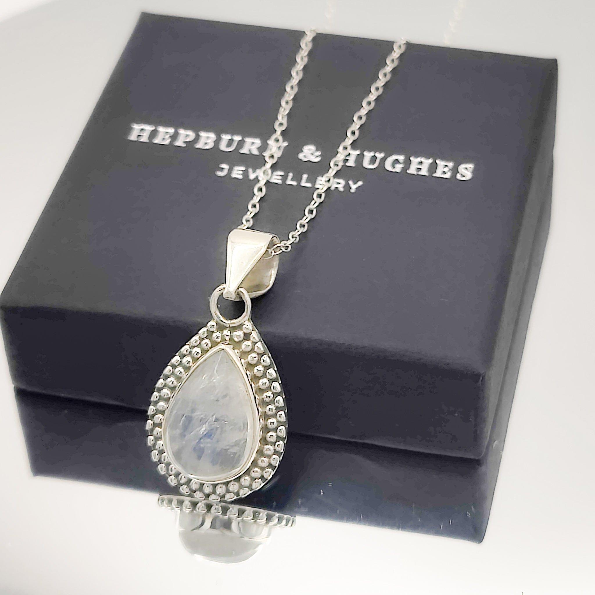 Hepburn and Hughes Rainbow Moonstone Pendant | Ornate Teardrop | June Birthstone | Sterling silver