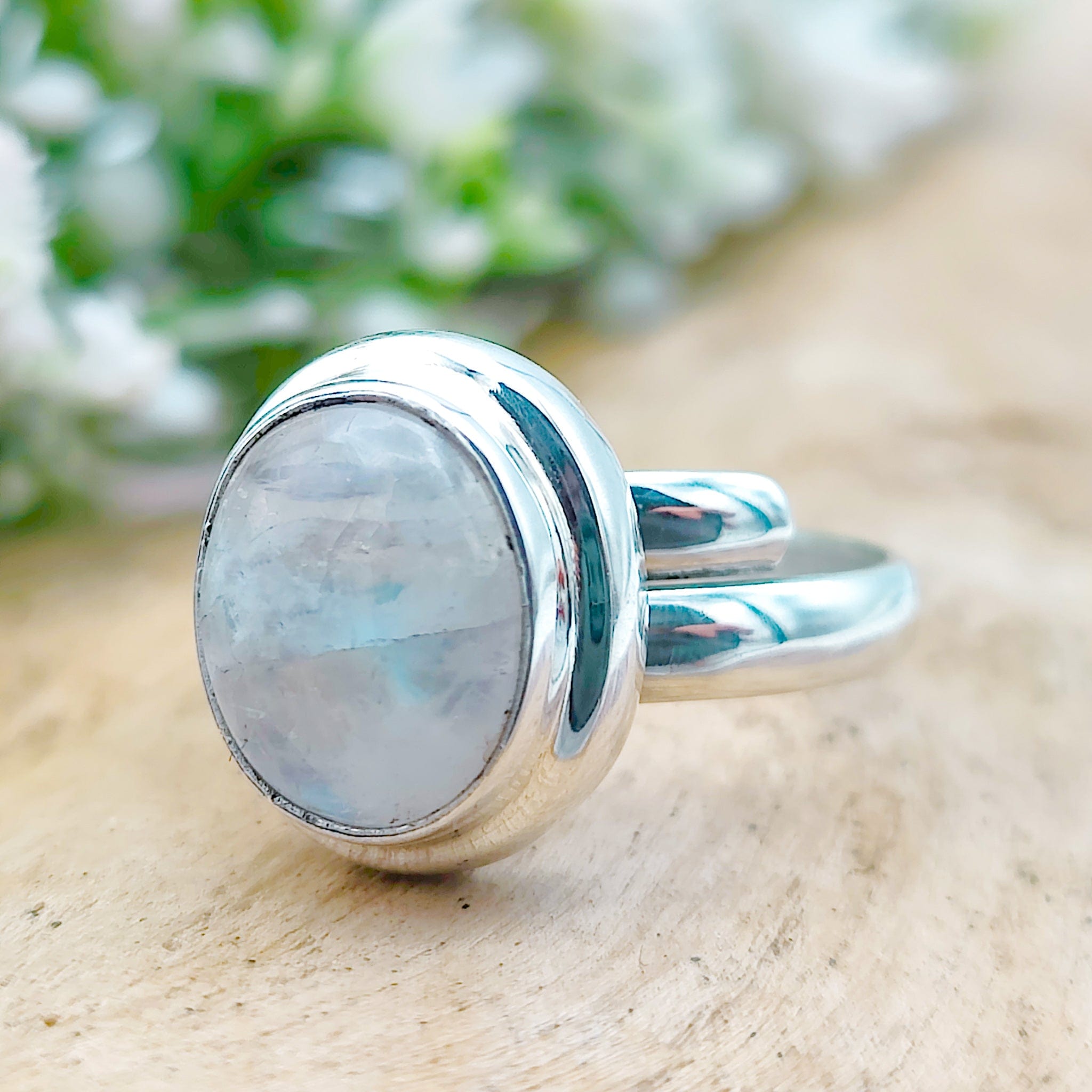 Hepburn and Hughes Rainbow Moonstone Ring | Small Oval or Pointed Marquise Gemstones | Sterling Silver