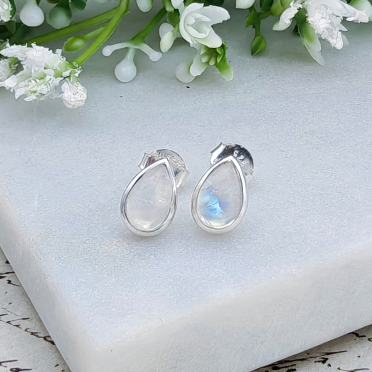 Hepburn and Hughes Rainbow Moonstone Stud Earrings in Sterling Silver | Three Shape Options | June Birthstone