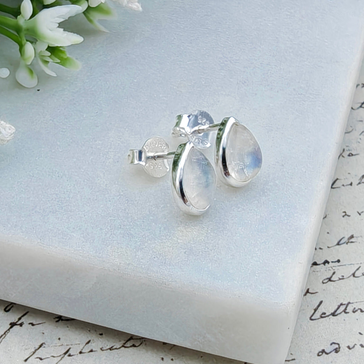 Hepburn and Hughes Rainbow Moonstone Stud Earrings in Sterling Silver | Three Shape Options | June Birthstone