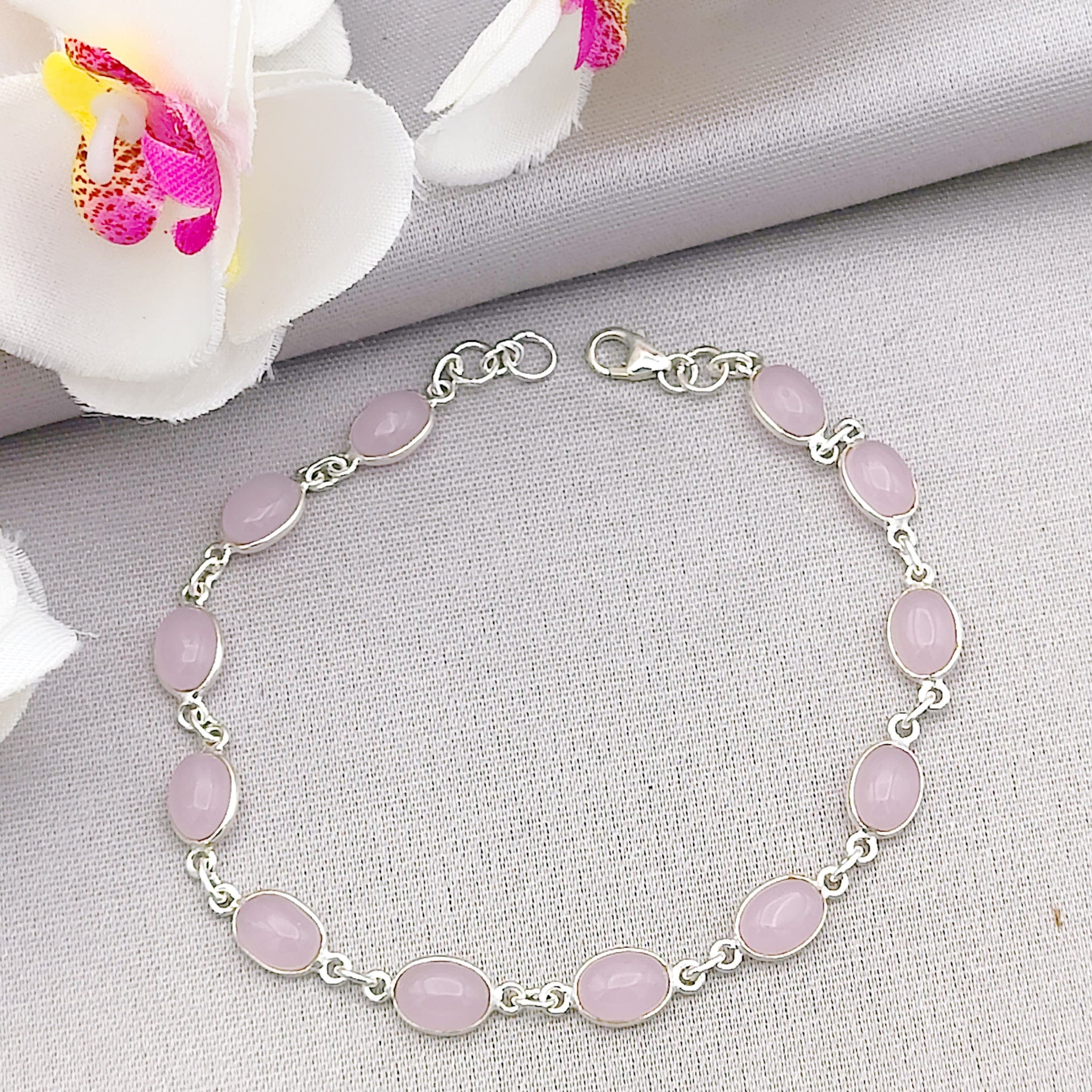 Hepburn and Hughes Rose Quartz Bracelet | 12 Ovals | January Birthstone | Sterling Silver