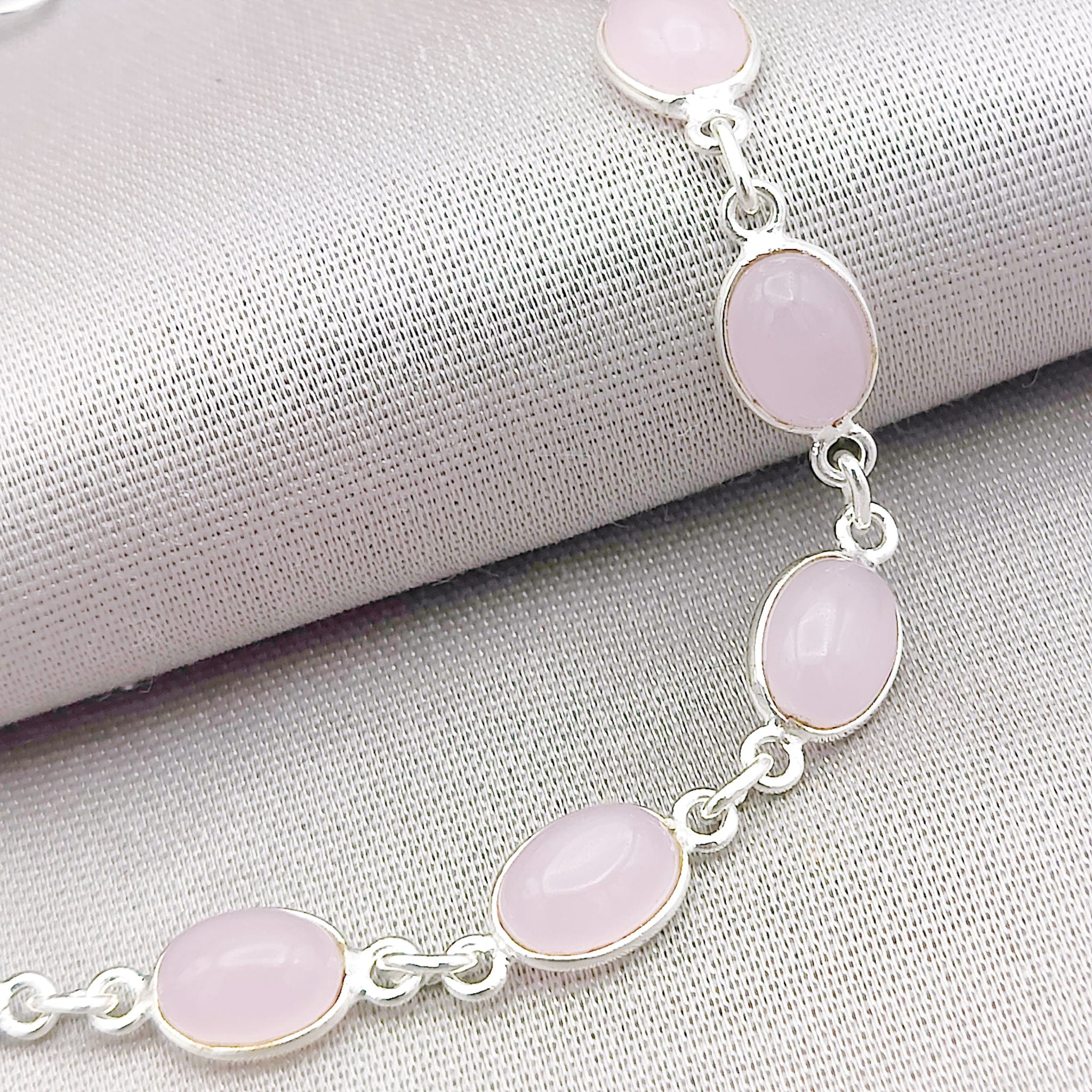 Hepburn and Hughes Rose Quartz Bracelet | 12 Ovals | January Birthstone | Sterling Silver