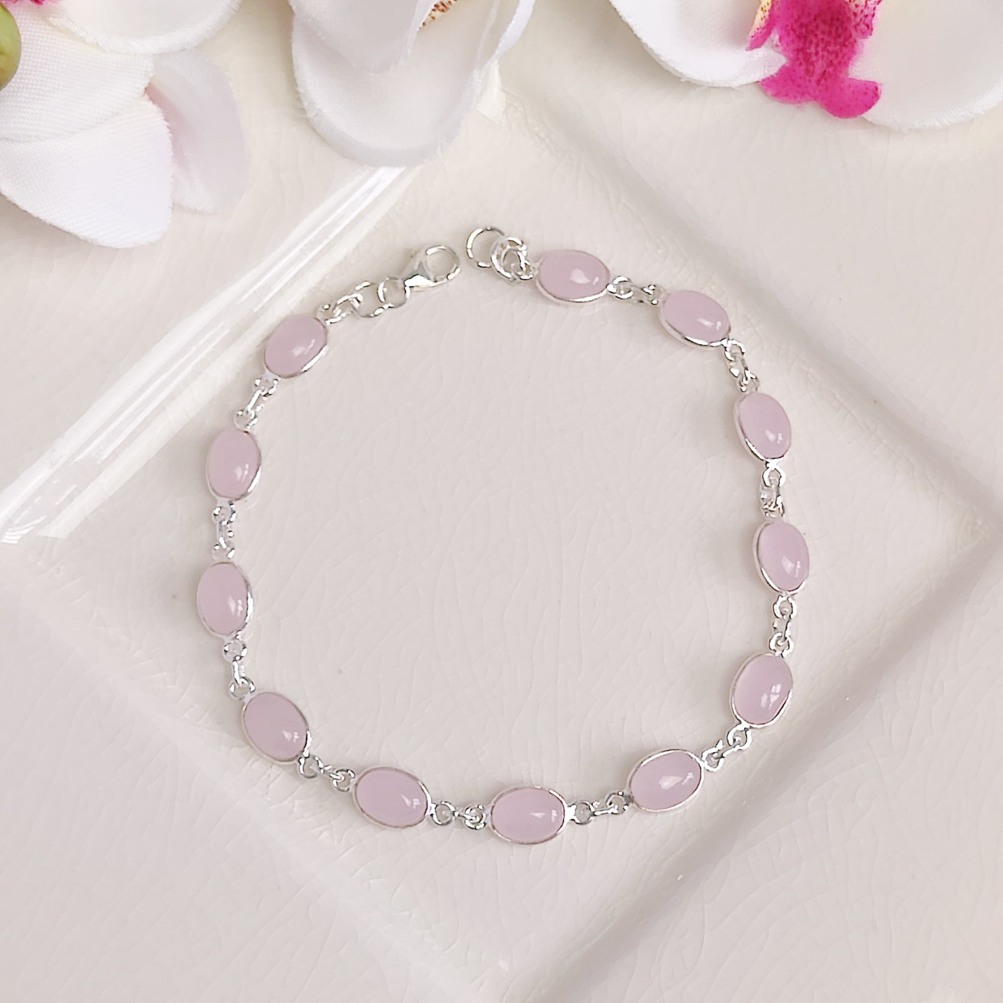 Hepburn and Hughes Rose Quartz Bracelet | 12 Ovals | January Birthstone | Sterling Silver