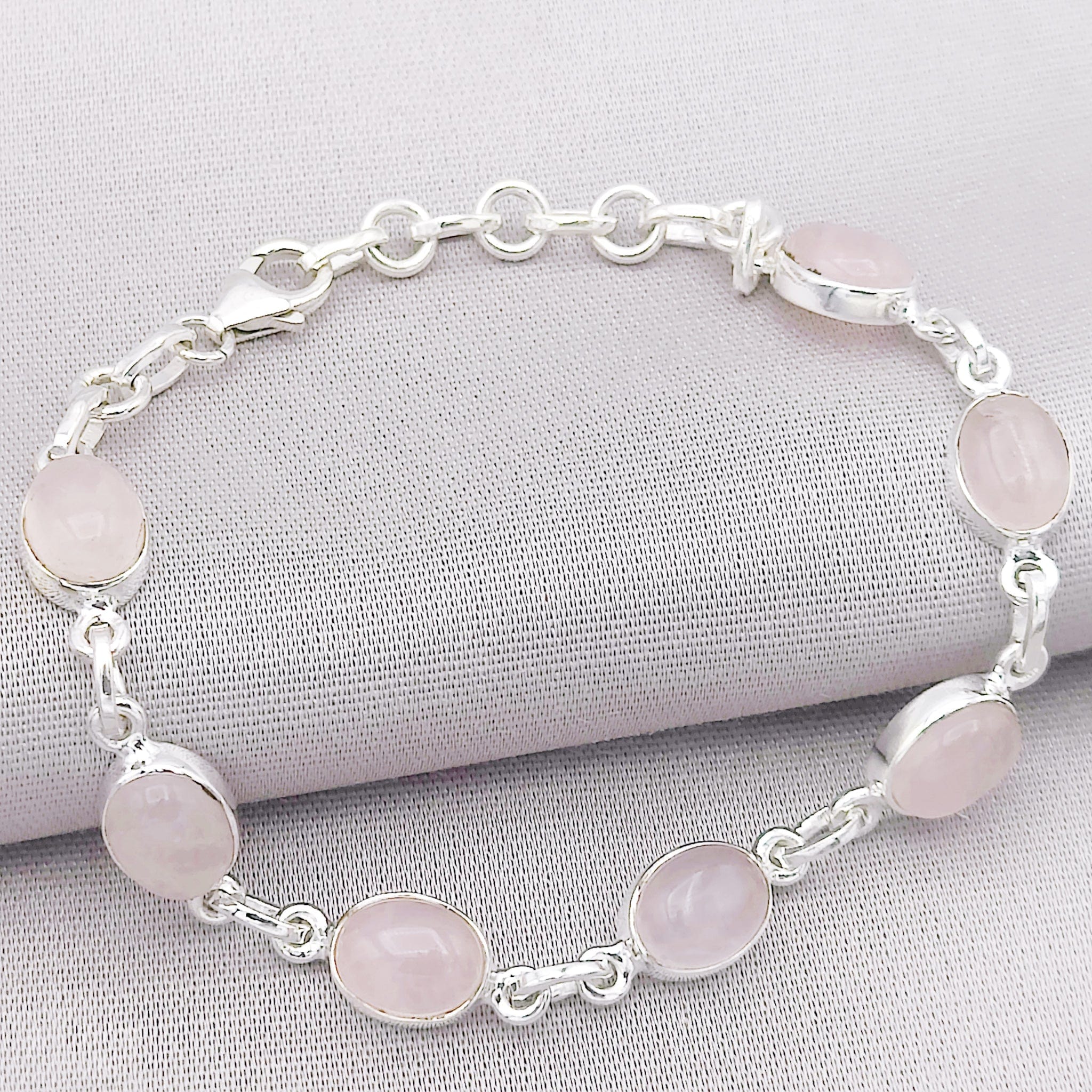 Hepburn and Hughes Rose Quartz Bracelet | 7 Ovals | January Birthstone | Sterling Silver