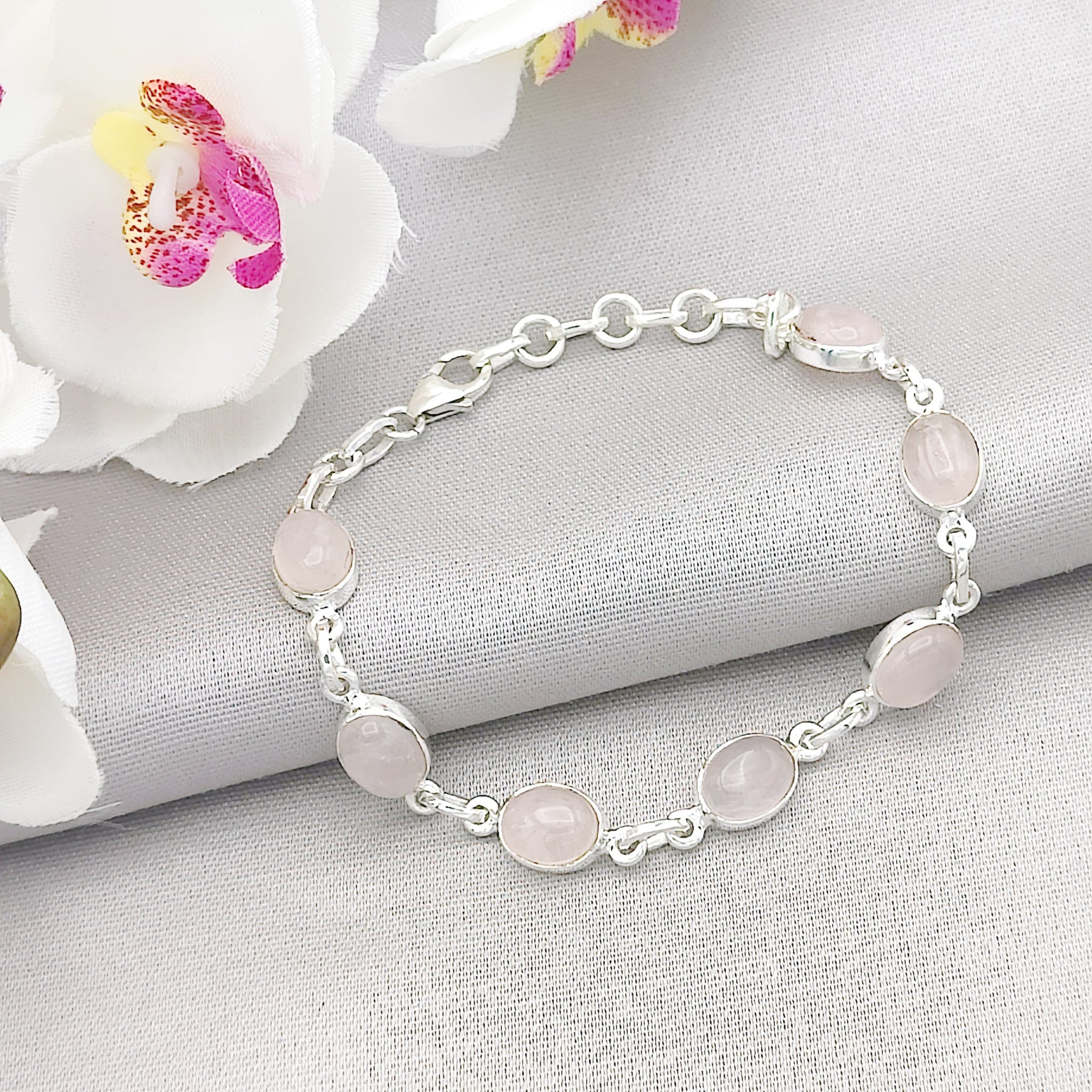 Hepburn and Hughes Rose Quartz Bracelet | 7 Ovals | January Birthstone | Sterling Silver