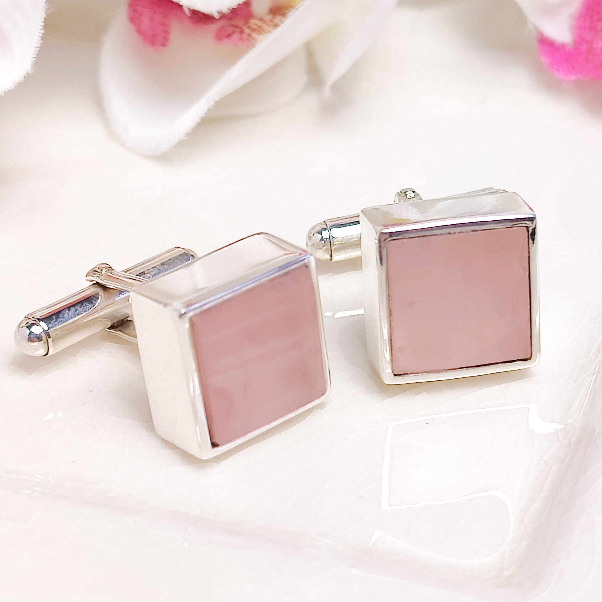 Hepburn and Hughes Rose Quartz Cufflinks | January Birthstone | Sterling Silver